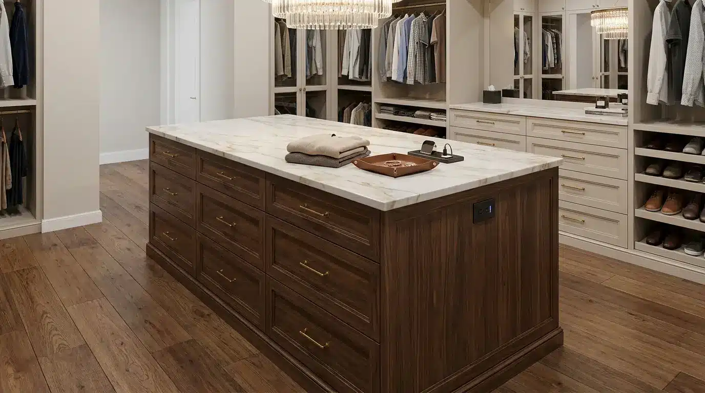 Spacious walk-in closet with warm wood cabinetry and a center island featuring drawers and a stone countertop