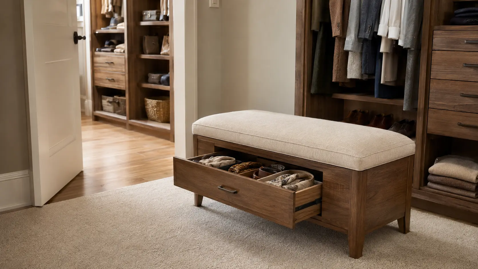 Storage bench with a cushioned seat and open accessory drawer inside a warm wood master closet