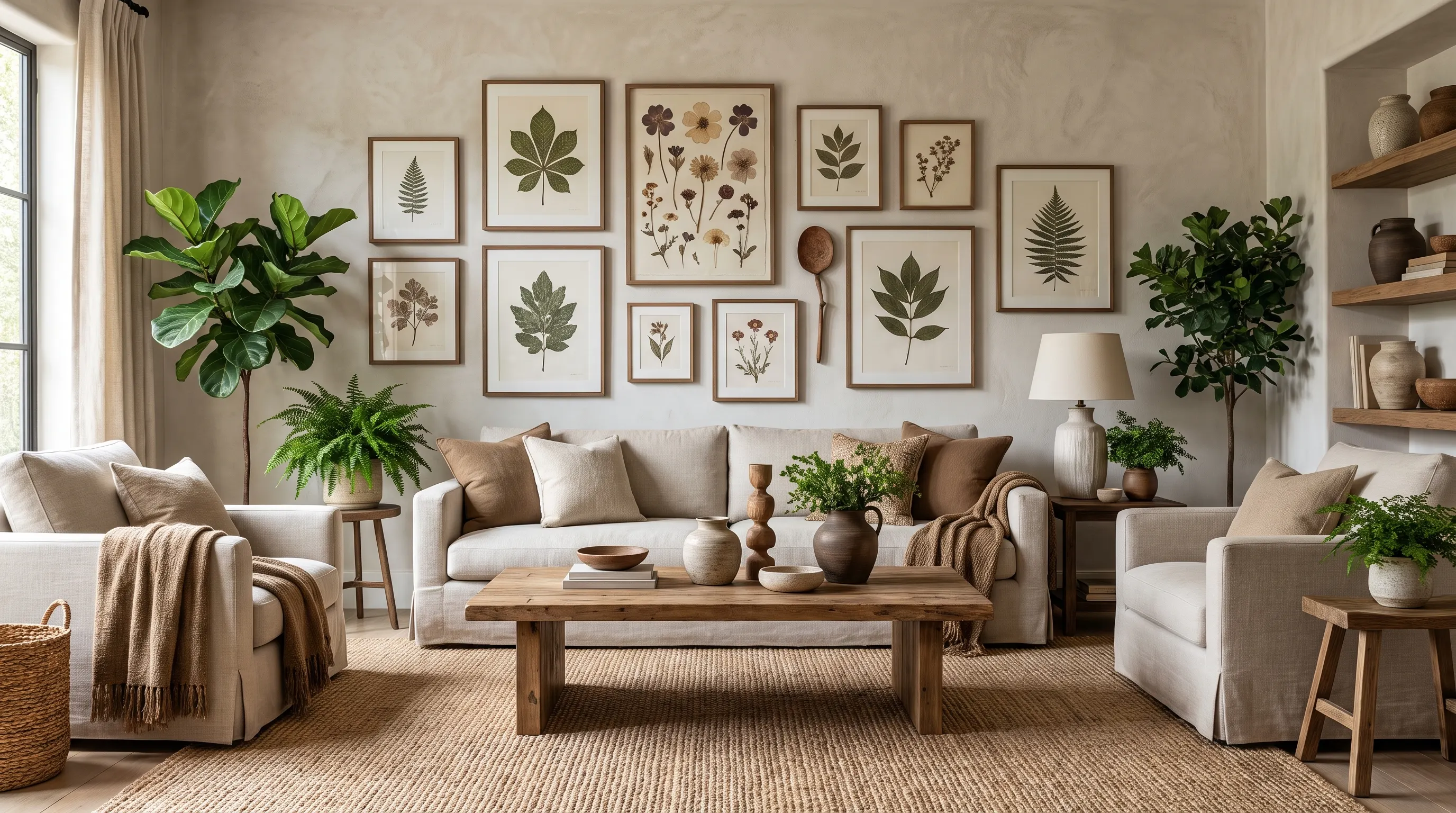 Room with botanical artwork, handmade ceramics, plants, and nature-inspired accessories.
