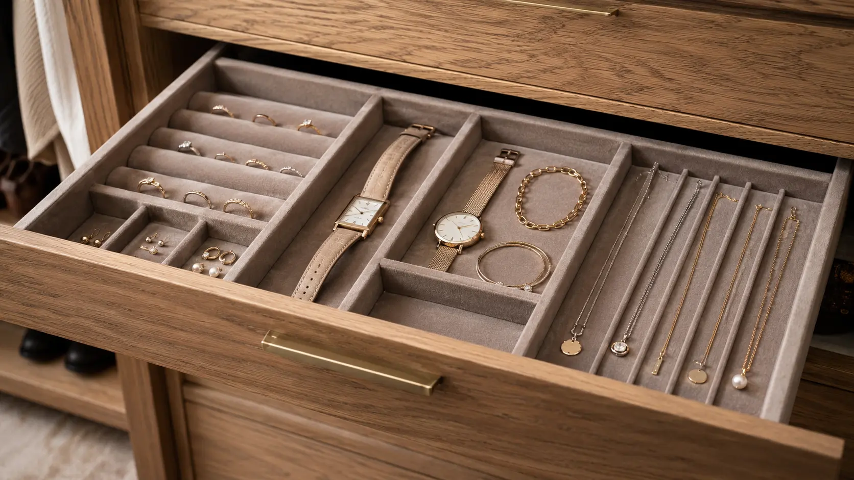 Velvet-lined jewelry drawer with separate compartments for rings, watches, bracelets, earrings, and necklaces