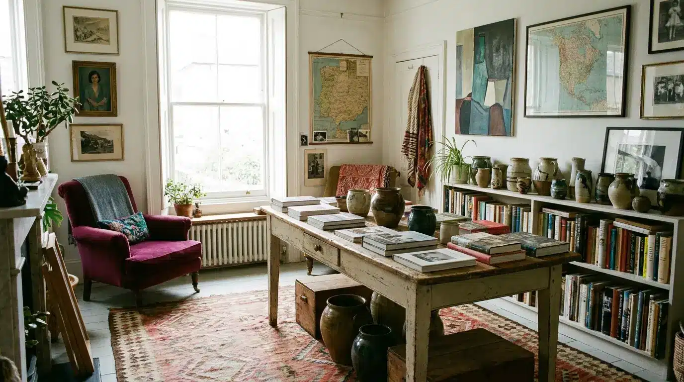 maximalist study with layered books pottery framed maps vintage furniture plants and a patterned rug