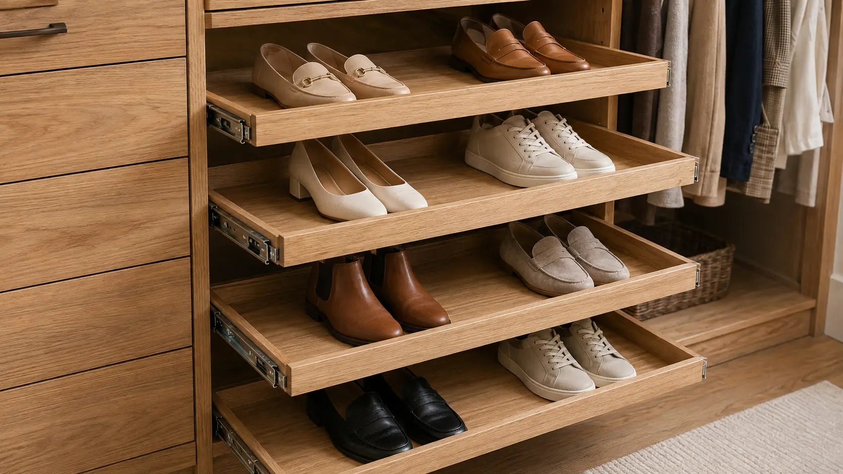 Pull-out wooden shoe shelves displaying neatly arranged loafers, heels, sneakers, and ankle boots in a master closet