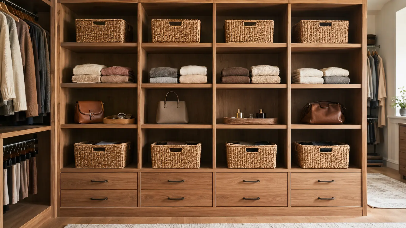 Open wood closet shelving with matching woven baskets, folded clothes, handbags, and neatly arranged accessories