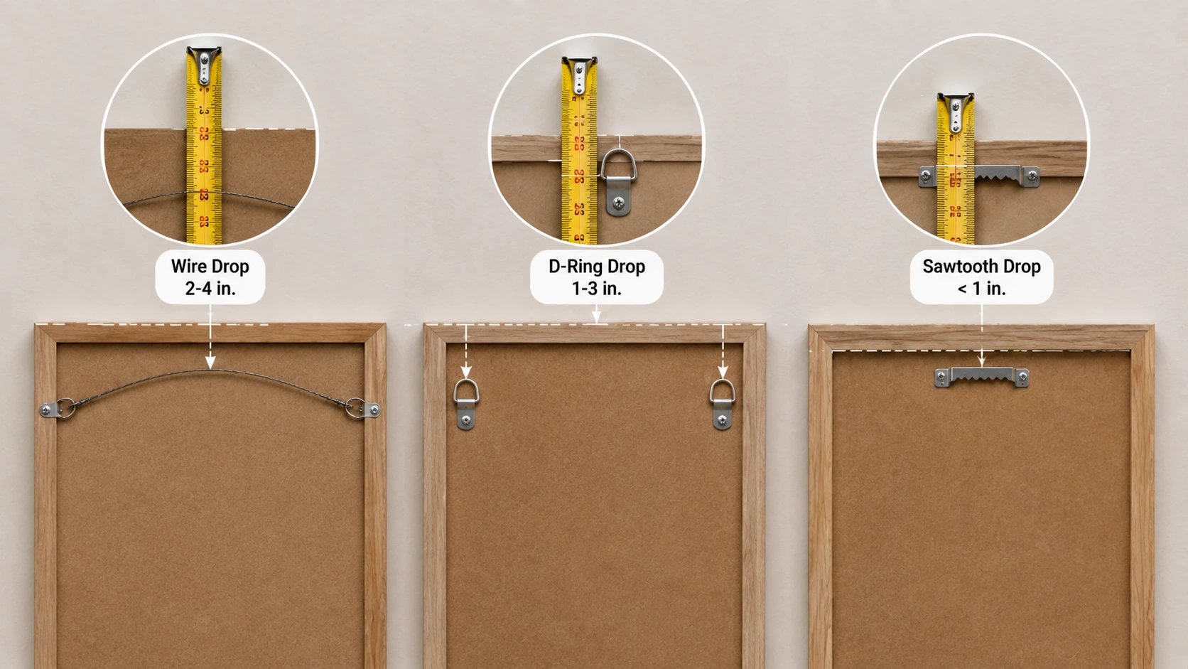 Comparing wire, D-ring, and sawtooth picture hangers to measure hanging drop and adjust hook placement correctly.