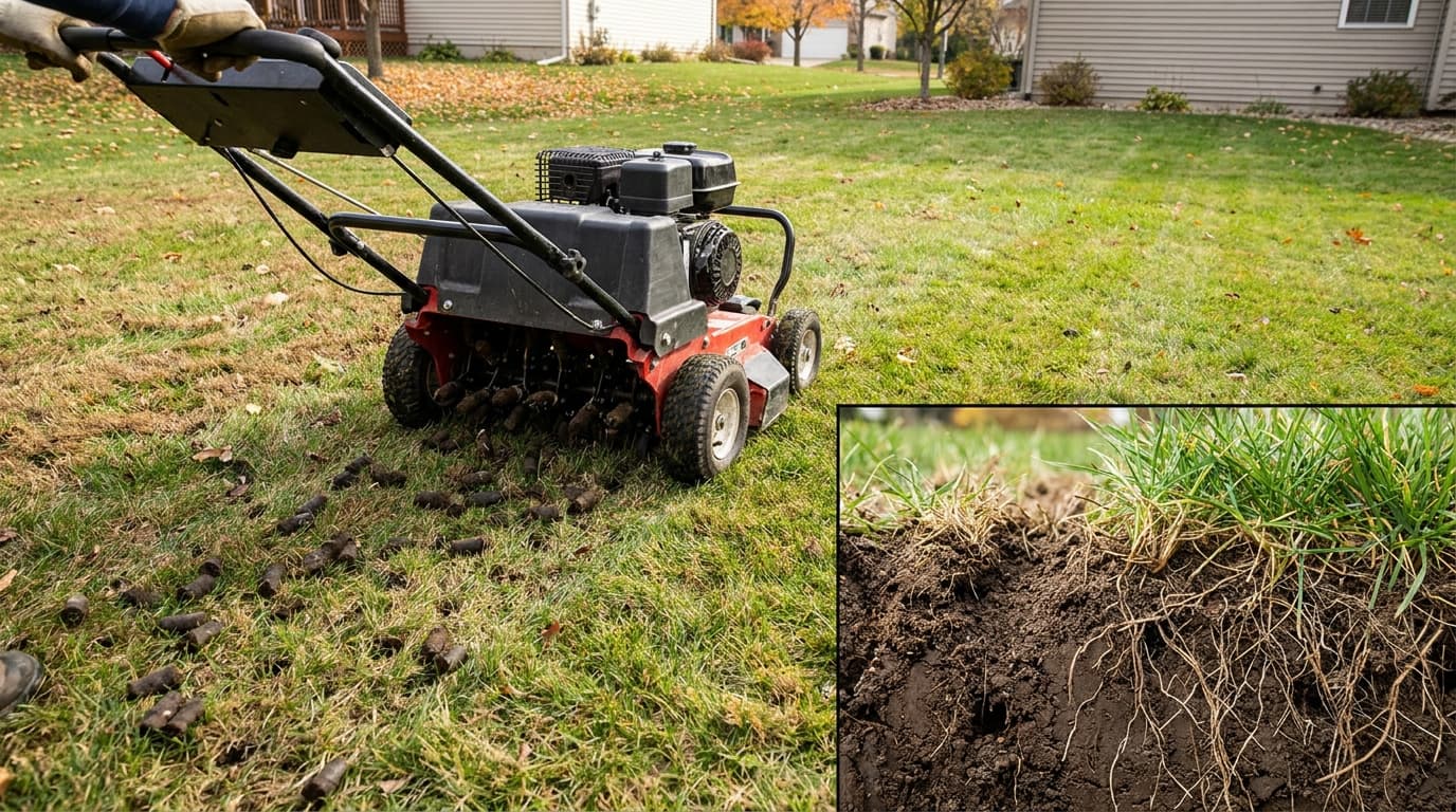 Core aerating lawn soil to improve airflow and prevent moss growth