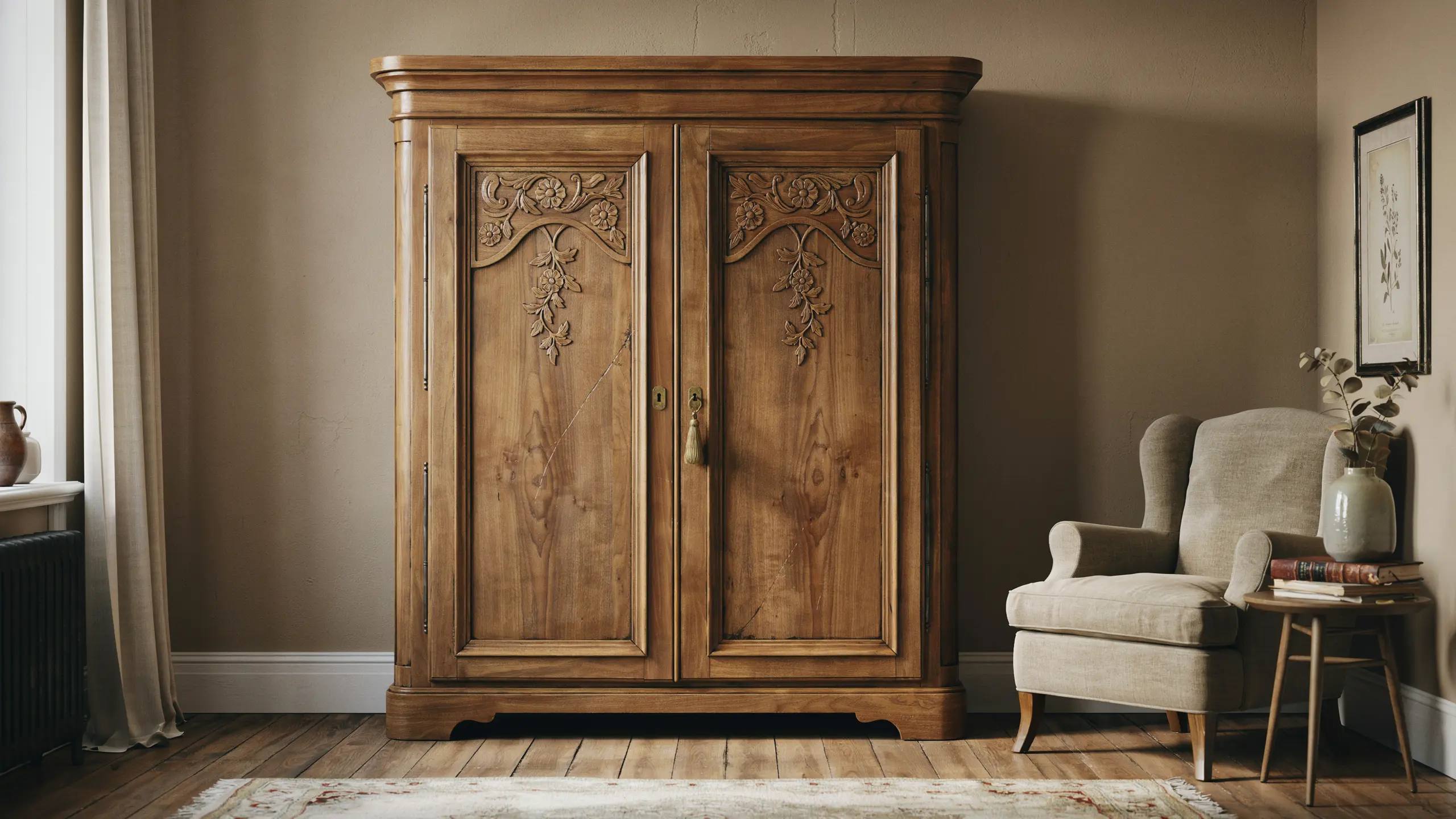 Antique French armoire with detailed carvings in a historic interior