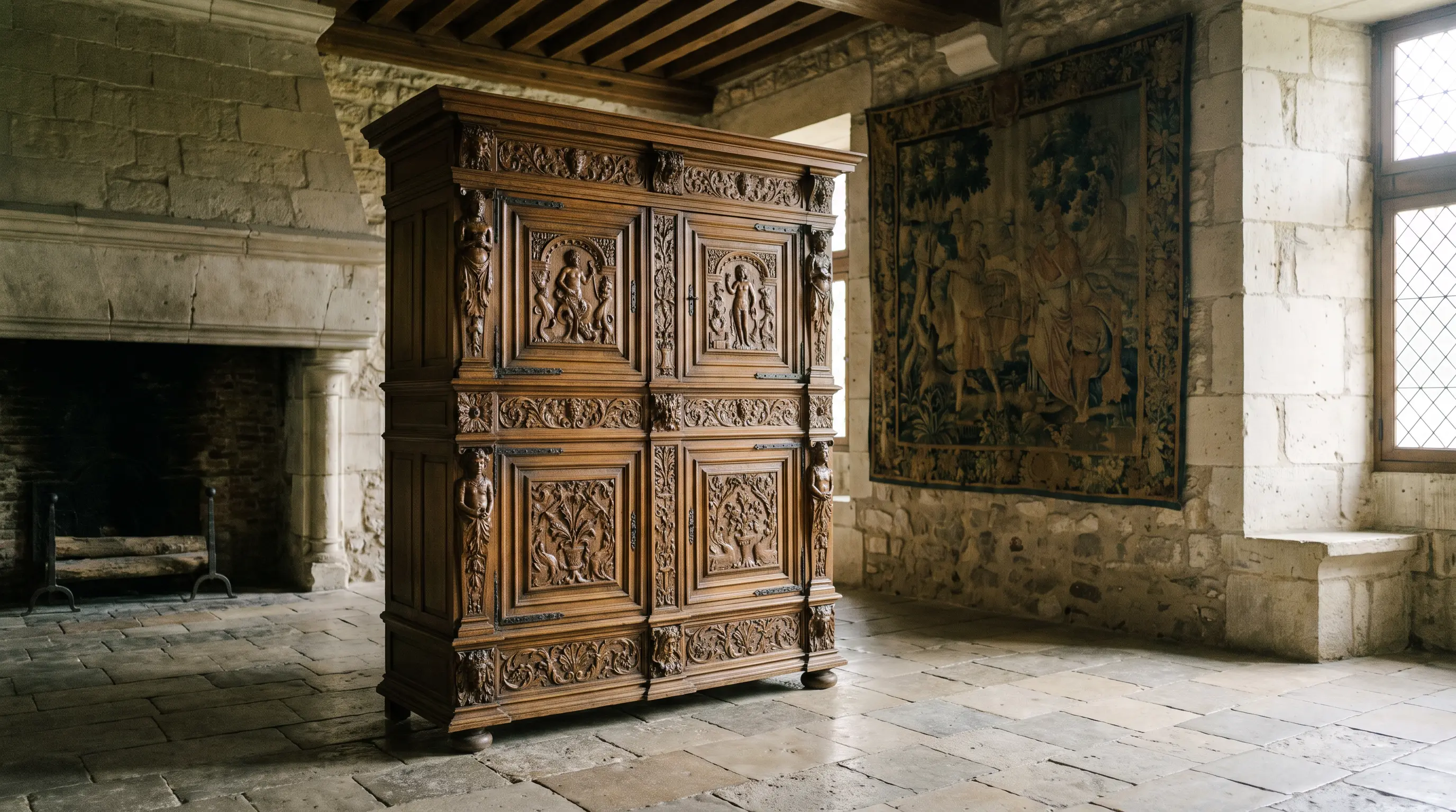 Antique carved wooden armoire with traditional furniture craftsmanship.