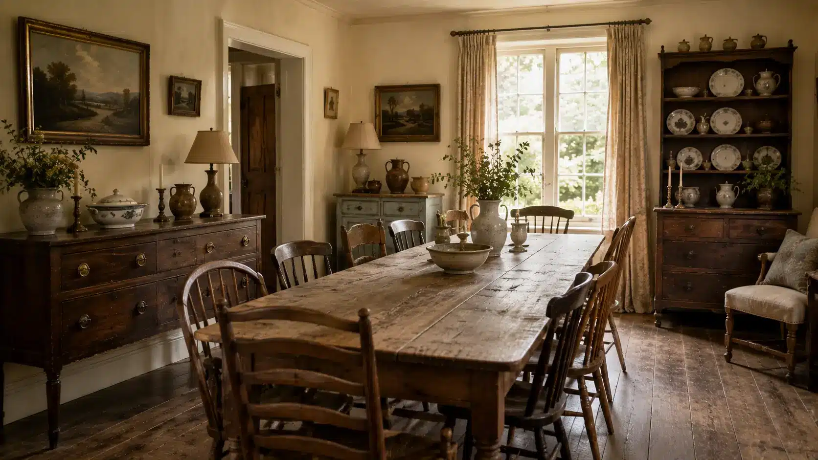 Traditional dining room with a long rustic wooden table, mismatched antique chairs, dark wood cabinets, framed landscape paintings, ceramics, and soft daylight from a large window.