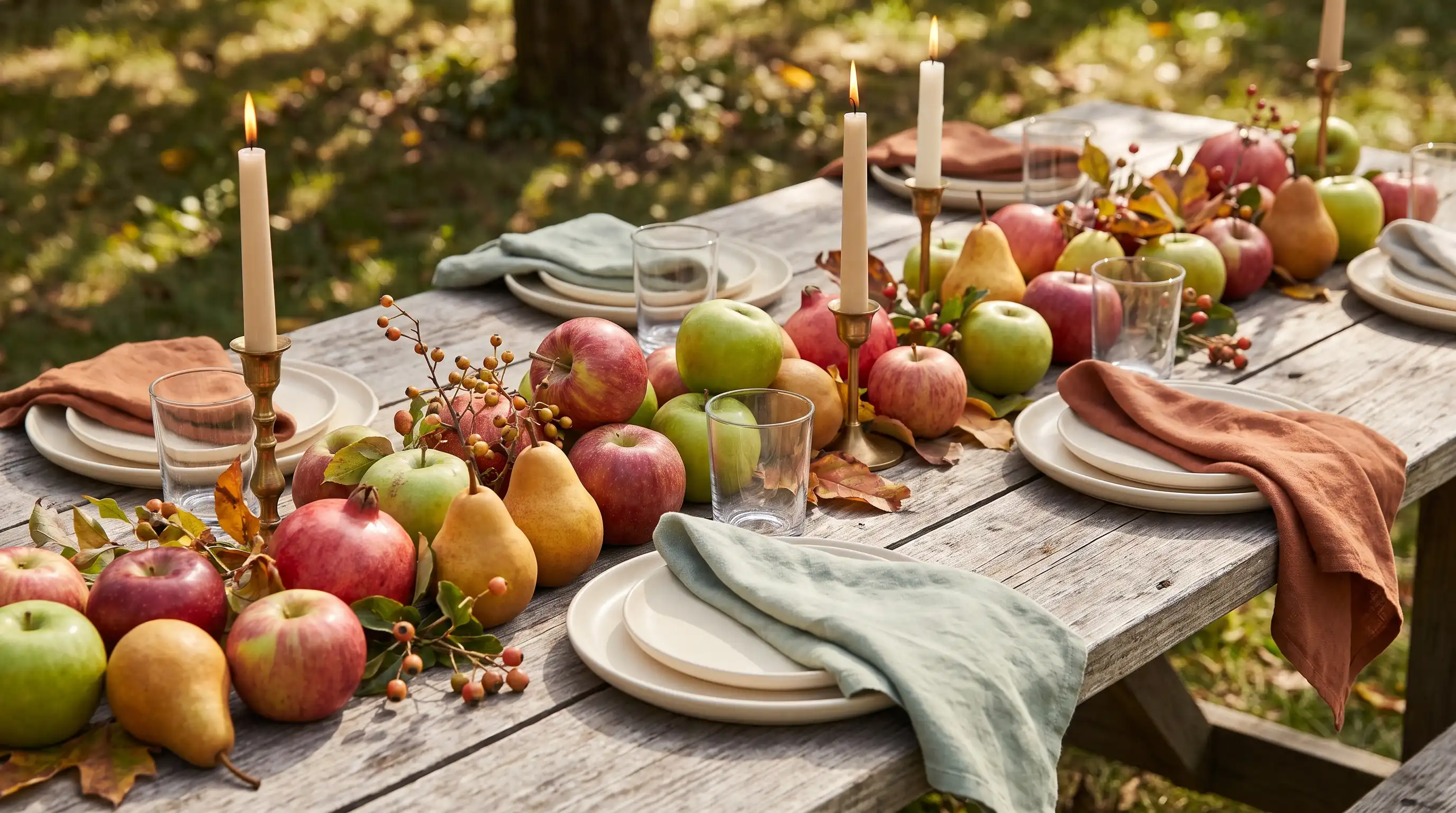 Fall harvest table with apples, pears, pomegranates, foliage, cream plates, and taper candles