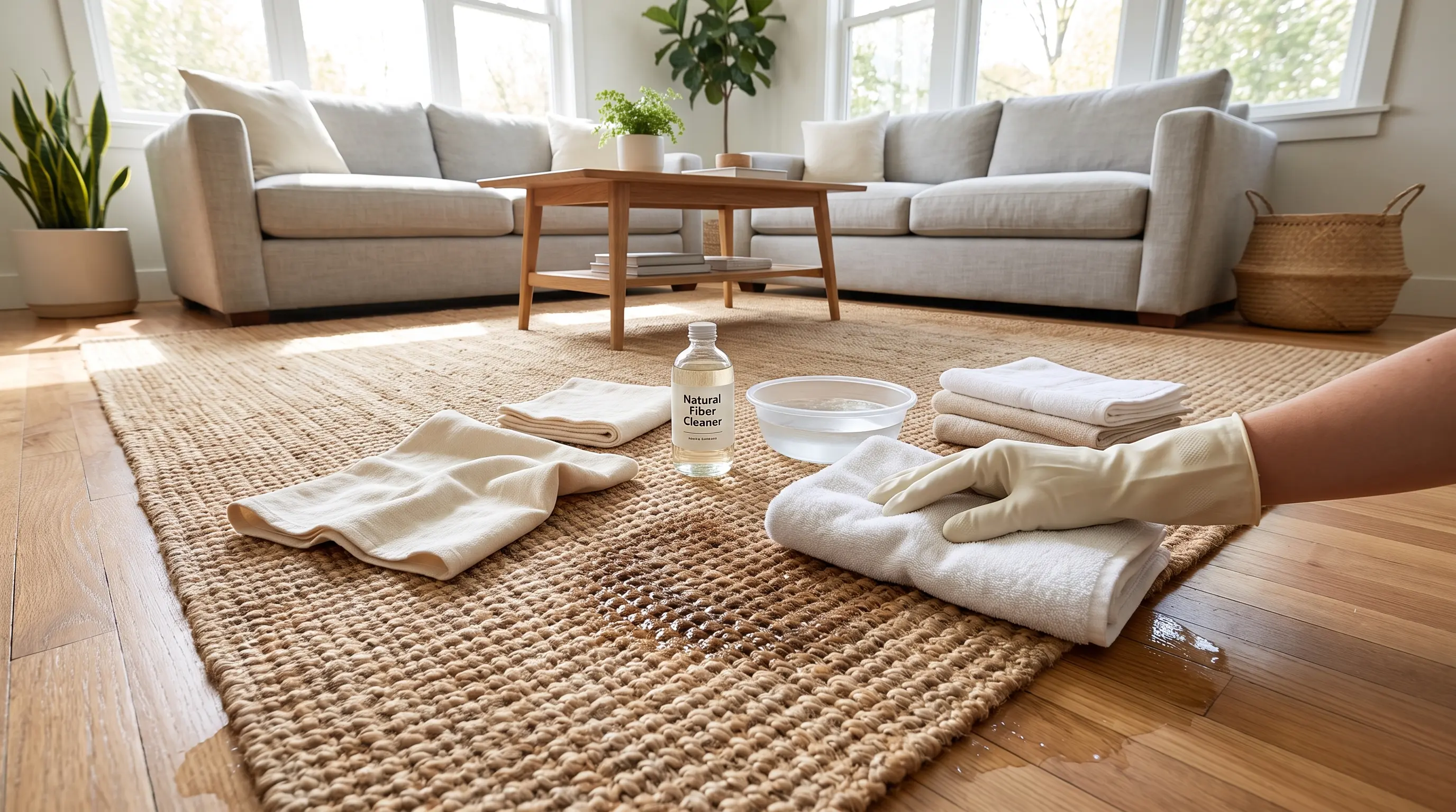 Cleaning jute rug with a pet-safe cleaner applied carefully to remove stains and odors.