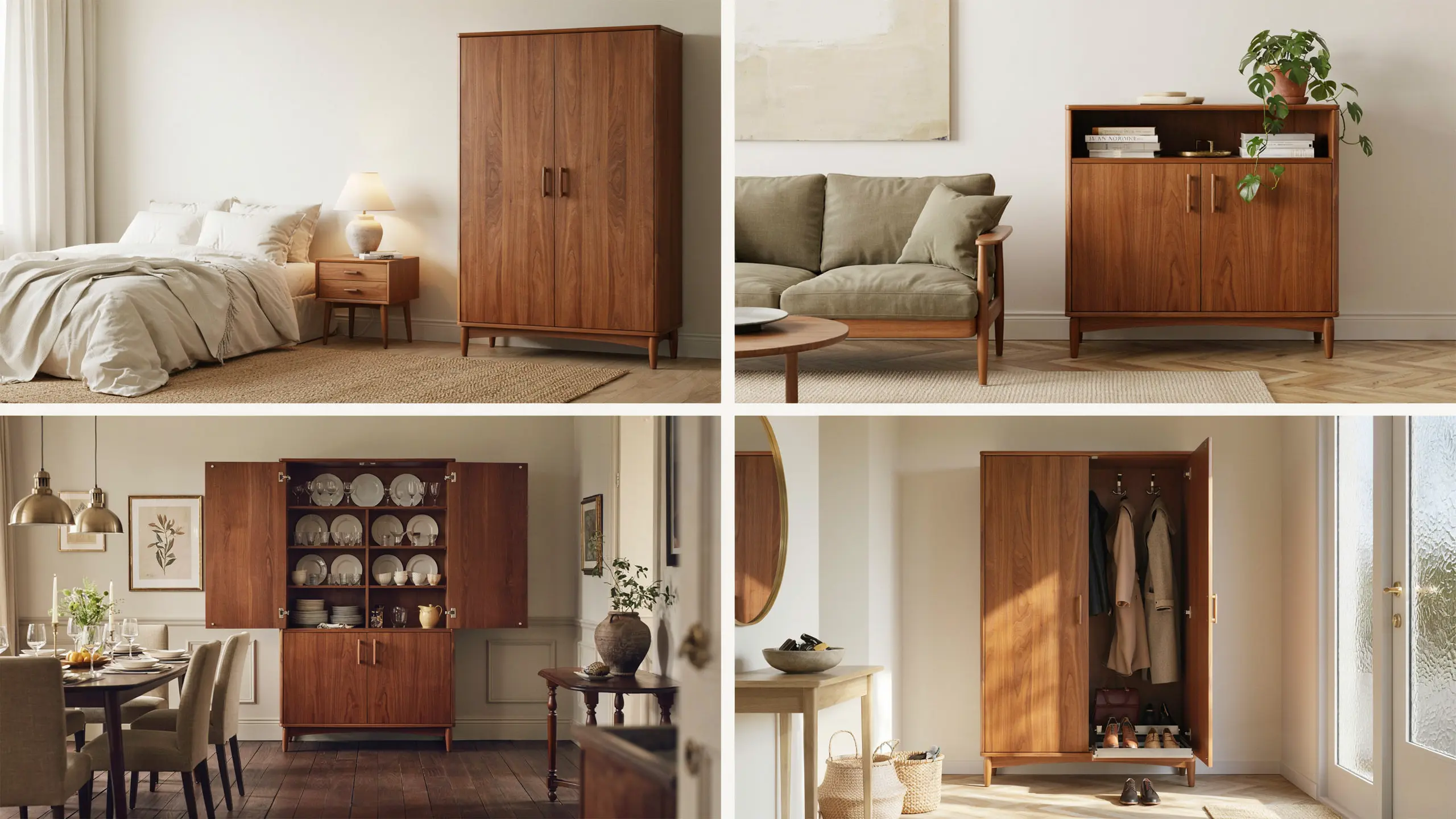 Armoire placement ideas showing bedroom, living room, dining room, and entryway settings.