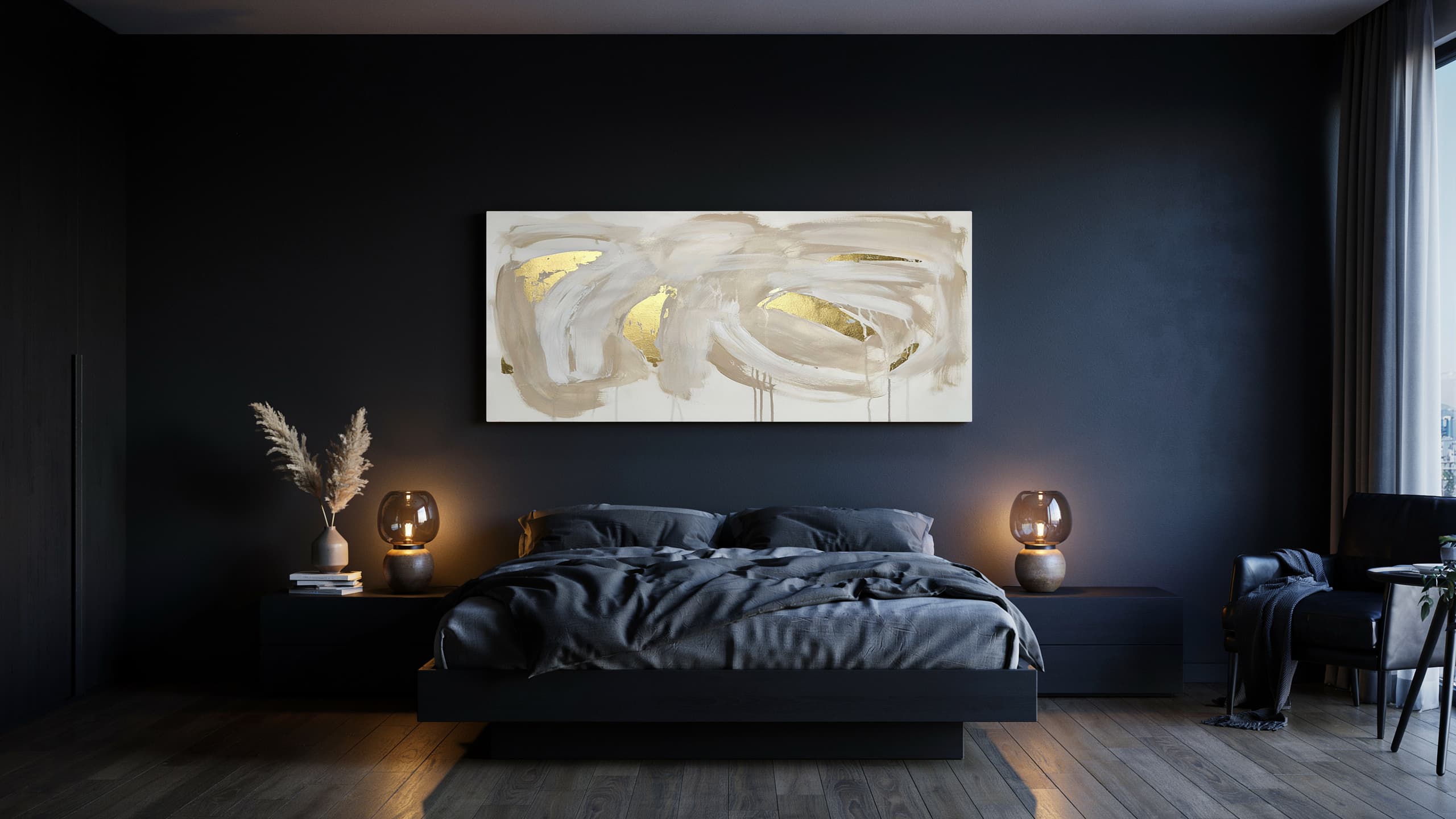 Black bedroom with large light artwork creating contrast on dark walls
