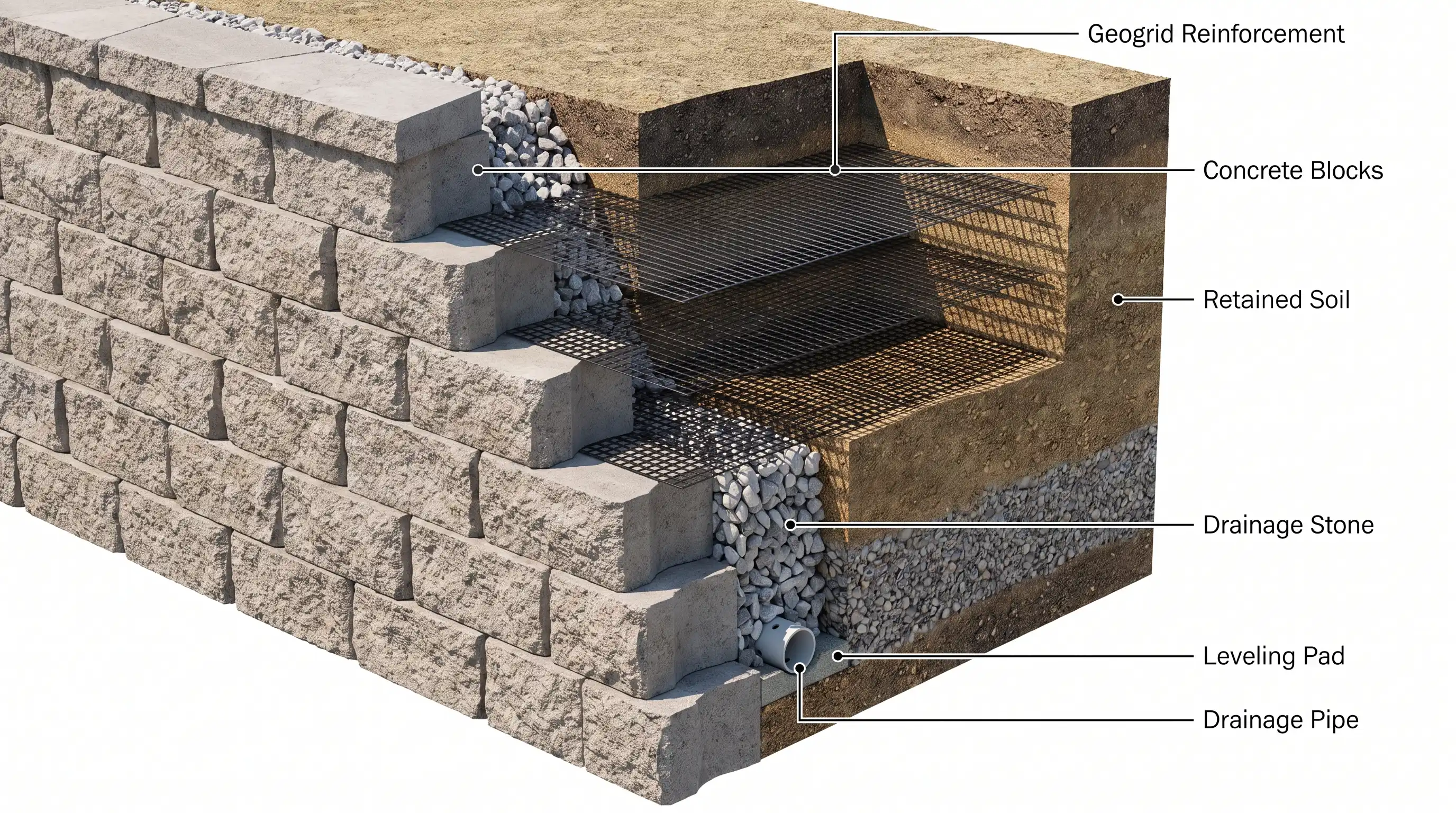 Adding and compacting backfill layers behind a retaining wall during construction