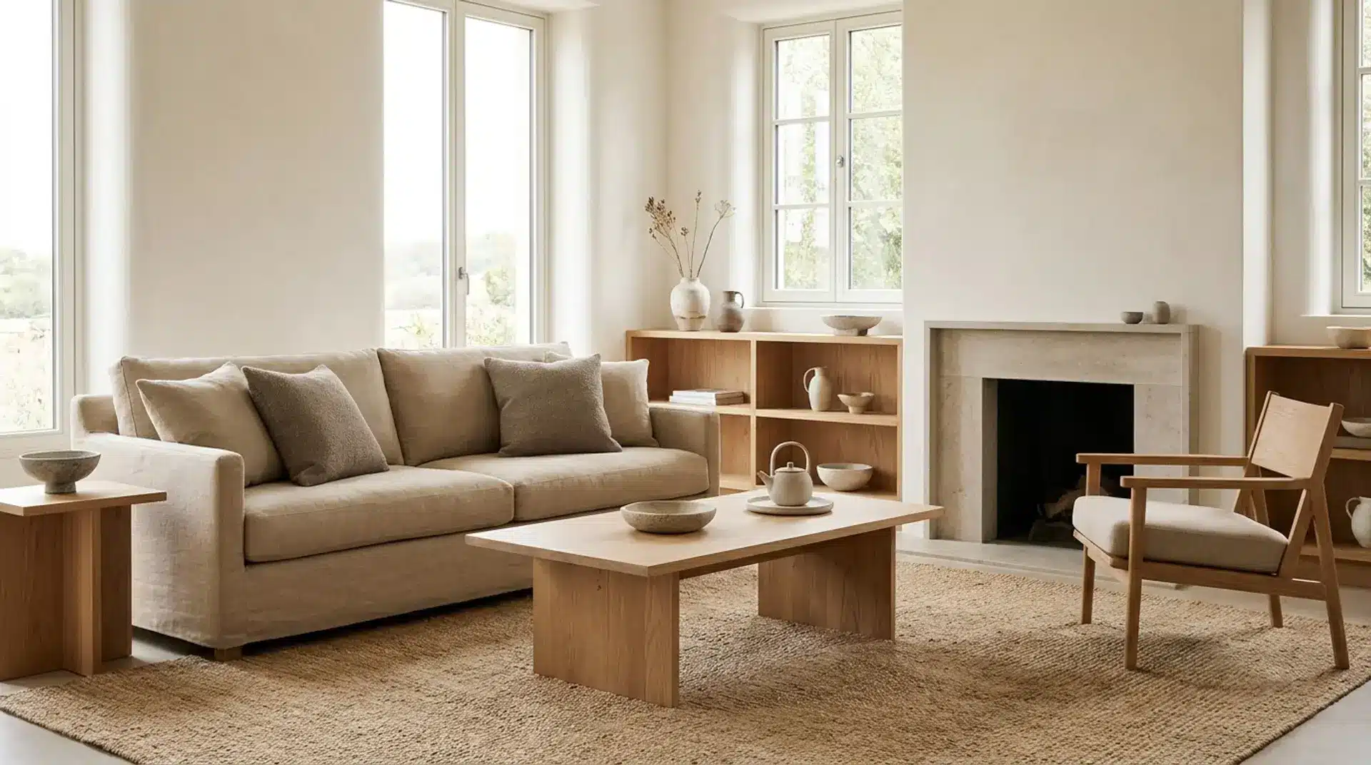 Japandi living room with warm neutral tones, oak furniture, and textured natural fabrics