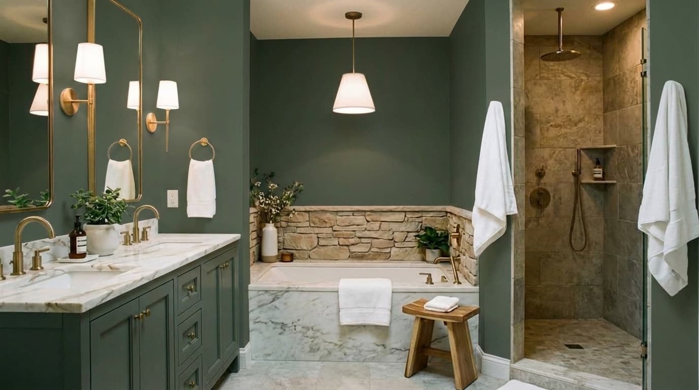 Vintage Vogue Benjamin Moore bathroom with marble, brass fixtures, and green vanity.