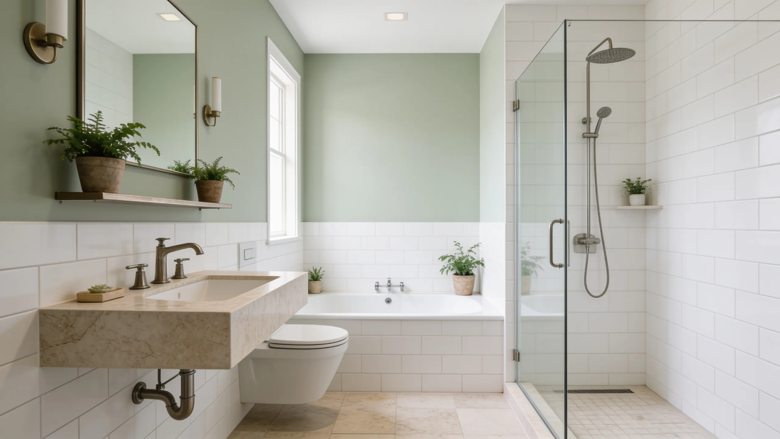 Saybrook Sage bathroom with white tile and natural stone finishes.