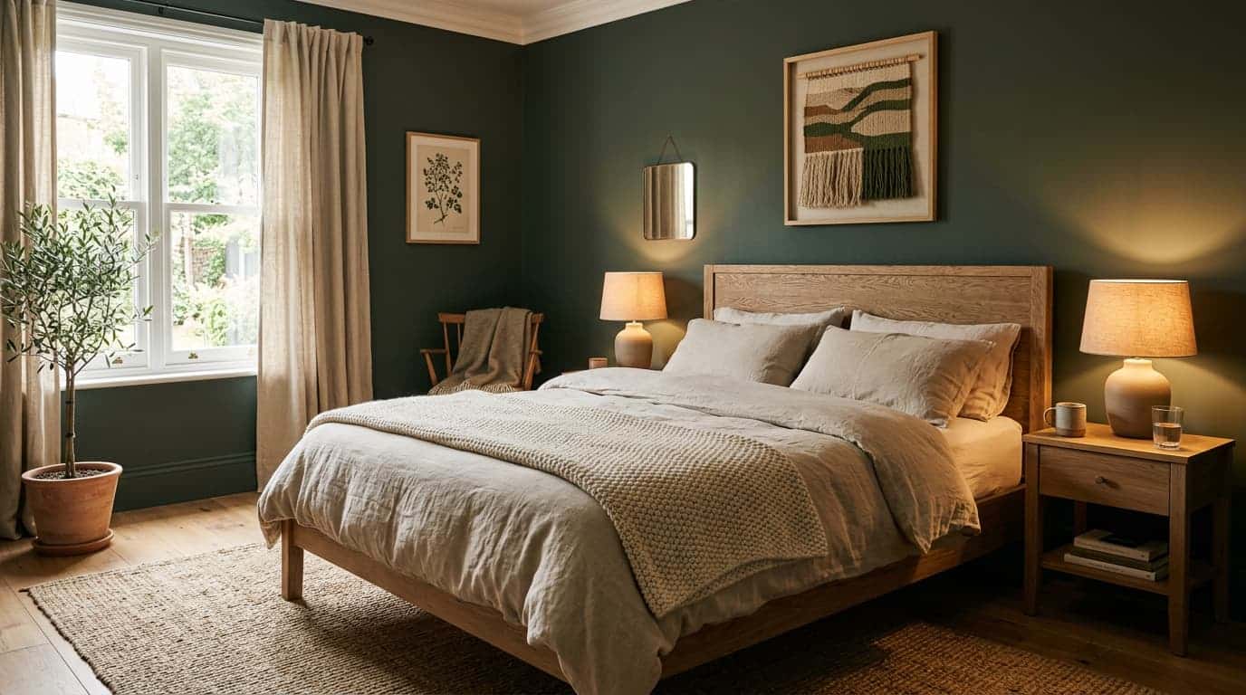Vintage Vogue Benjamin Moore bedroom with beige linen, oak furniture, and warm lighting.