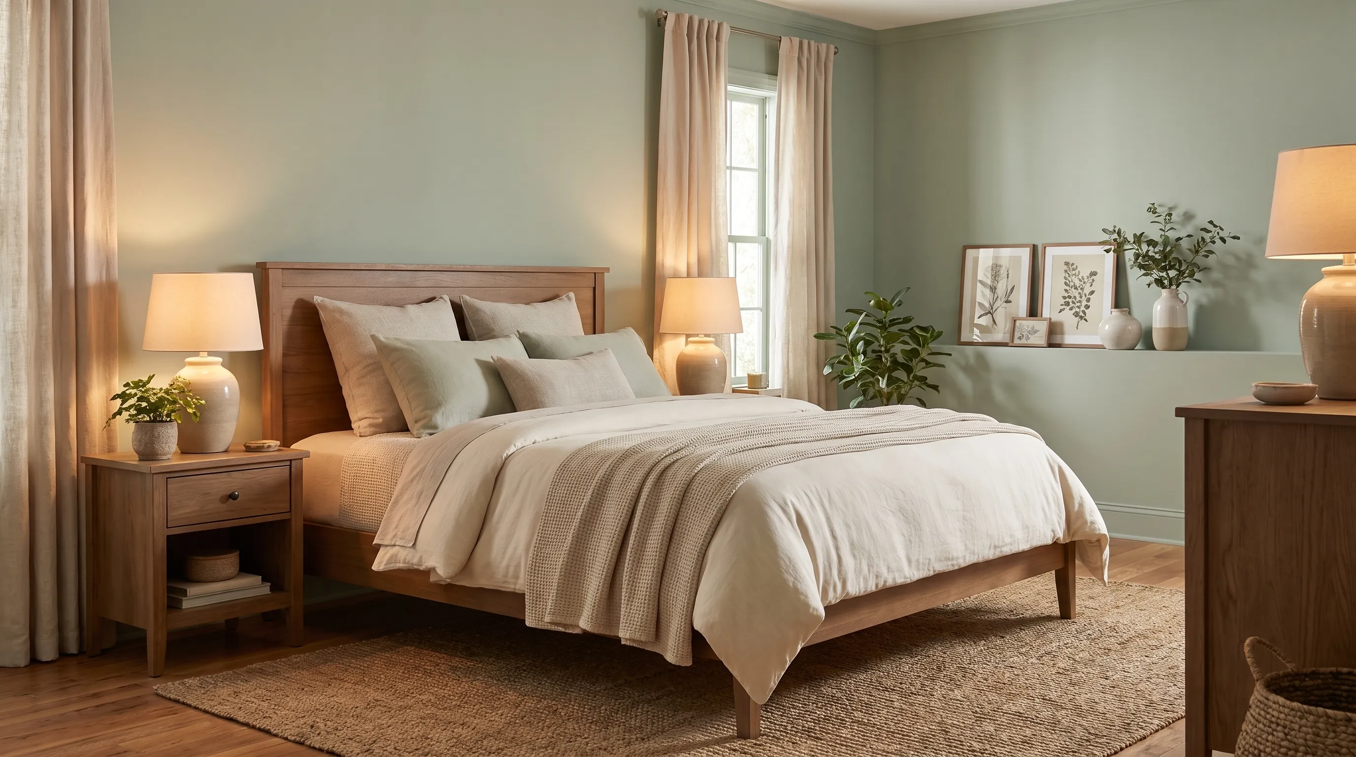 Saybrook Sage bedroom with soft bedding and warm natural decor.