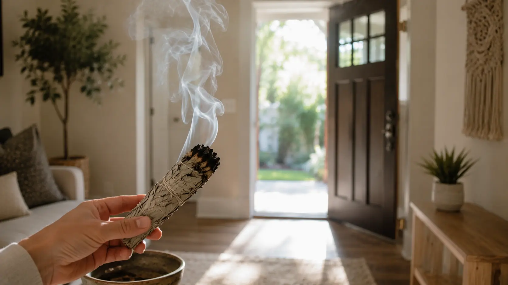Hand holding a smoking sage bundle near an open front door in a bright, welcoming home entryway.
