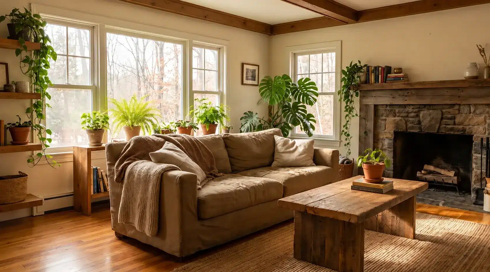 Peaceful home interior showing natural light, plants, textures, and a calming atmosphere.
