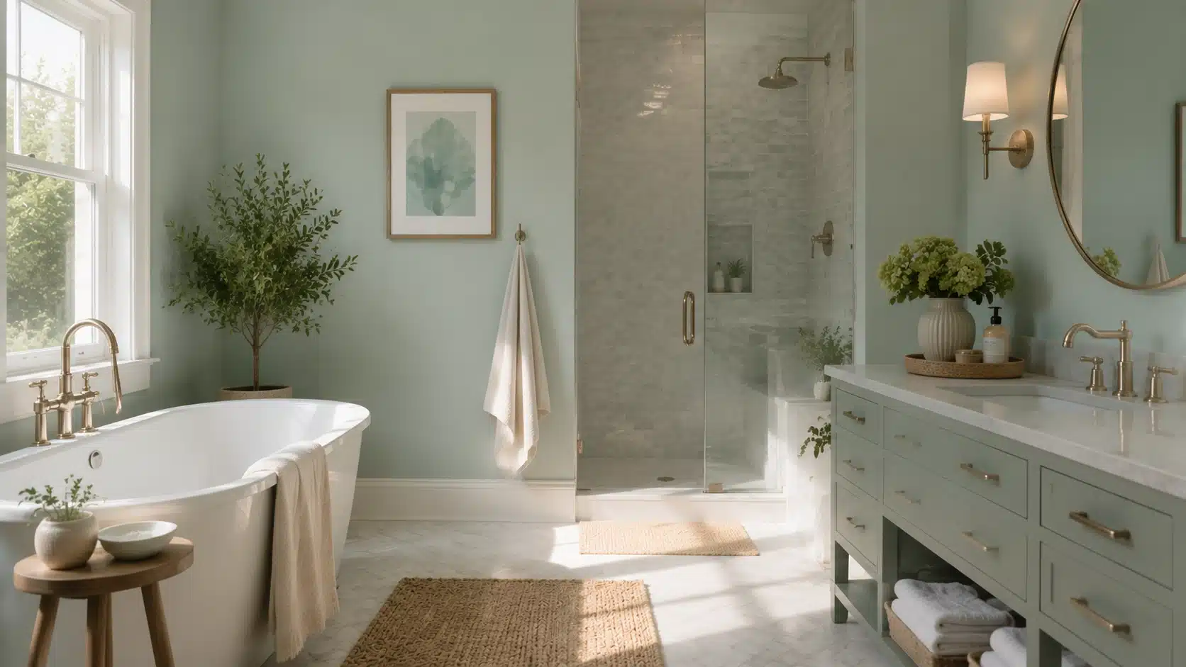 Benjamin Moore Beach Glass bathroom with calming blue-green walls, marble surfaces, brass fixtures, and spa-inspired décor.