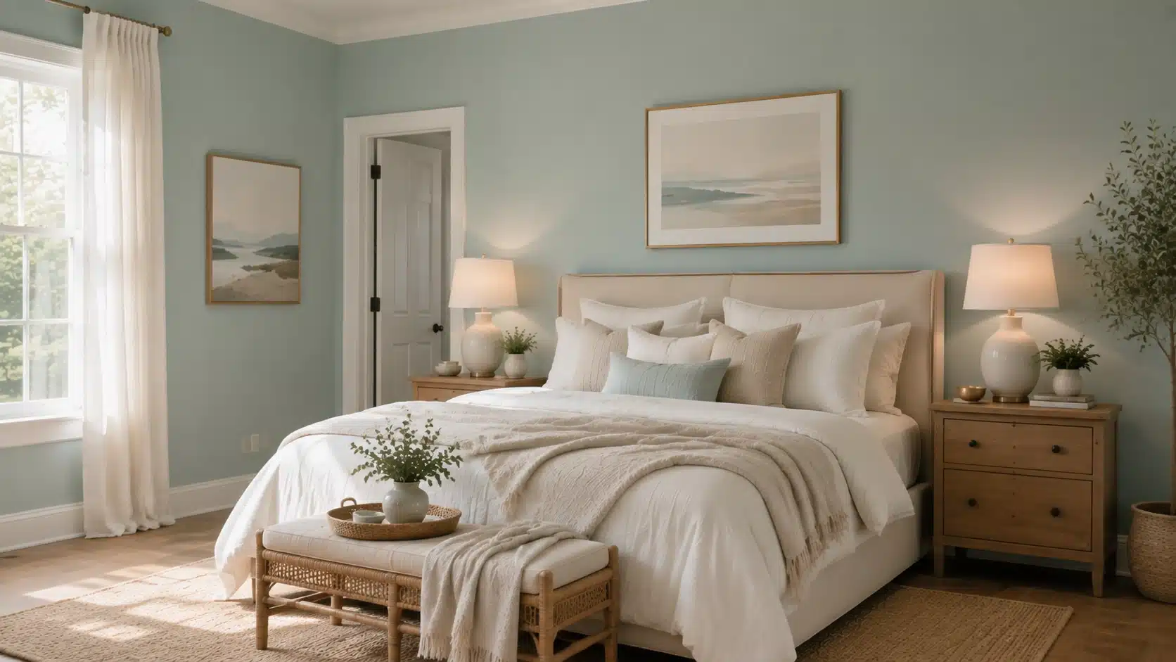 Benjamin Moore Beach Glass bedroom with soothing blue-green walls, soft white bedding, warm wood nightstands, and natural light.