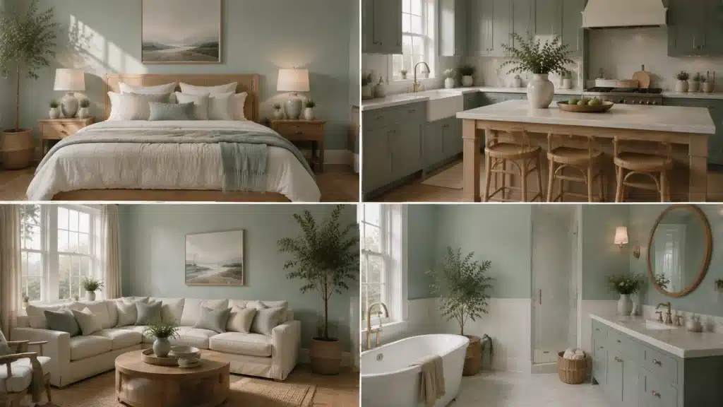 Benjamin Moore Beach Glass featured in bedroom, kitchen, living room, and bathroom interiors with soft blue-green walls and natural décor.