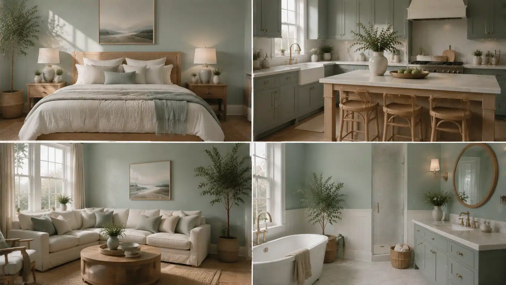 Benjamin Moore Beach Glass featured in bedroom, kitchen, living room, and bathroom interiors with soft blue-green walls and natural décor.