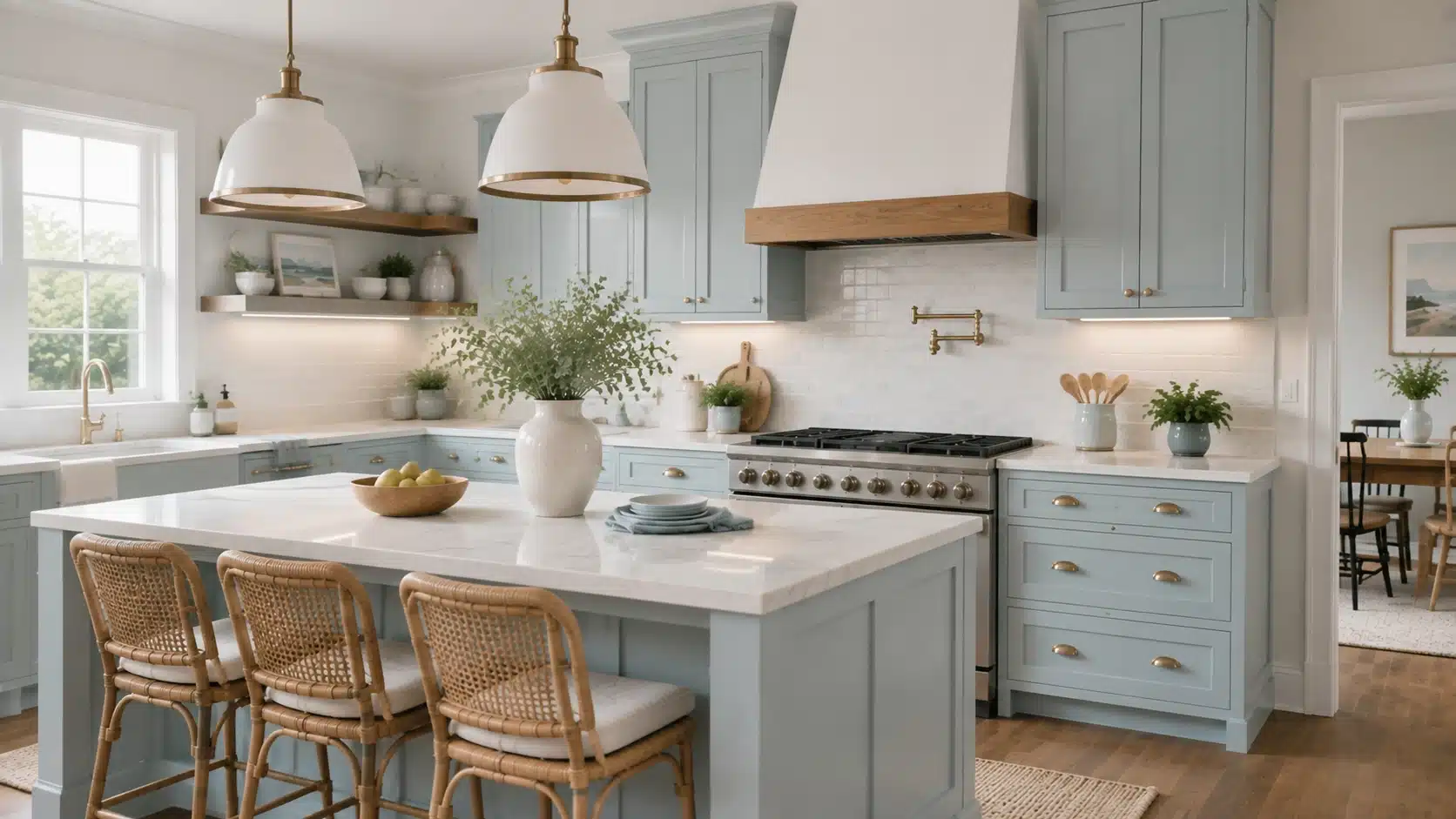 Benjamin Moore Beach Glass kitchen featuring blue-green cabinets, marble counters, brass hardware, and natural wood details.
