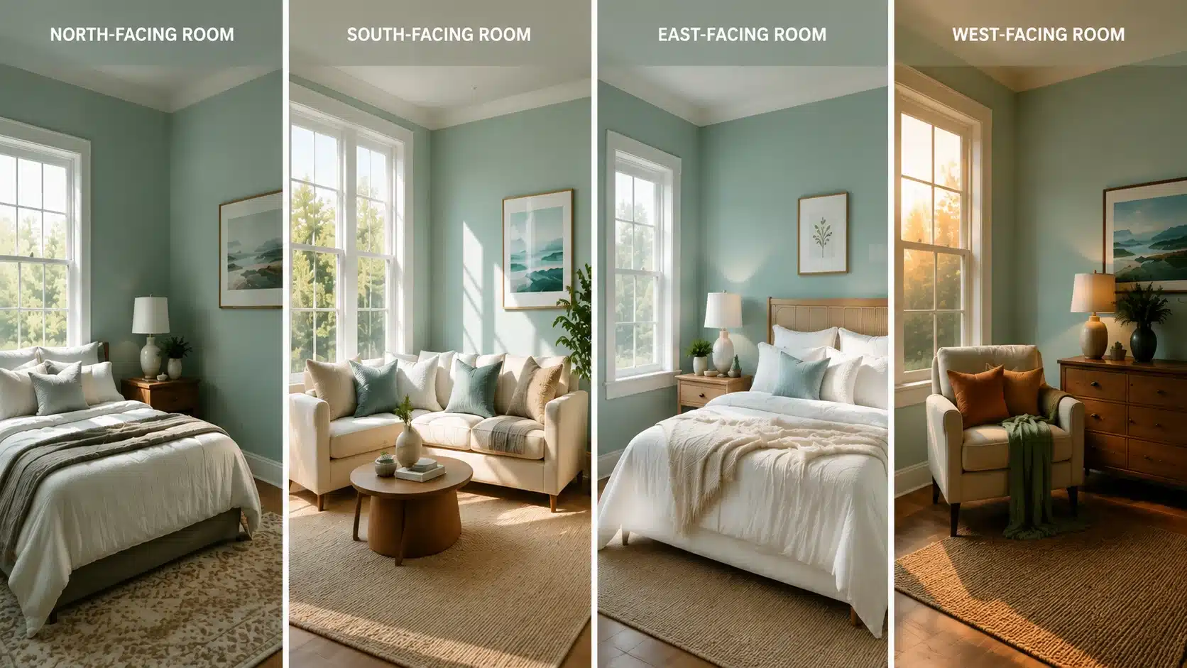Benjamin Moore Beach Glass appearance in north, south, east, and west-facing rooms showing how lighting changes the paint color.