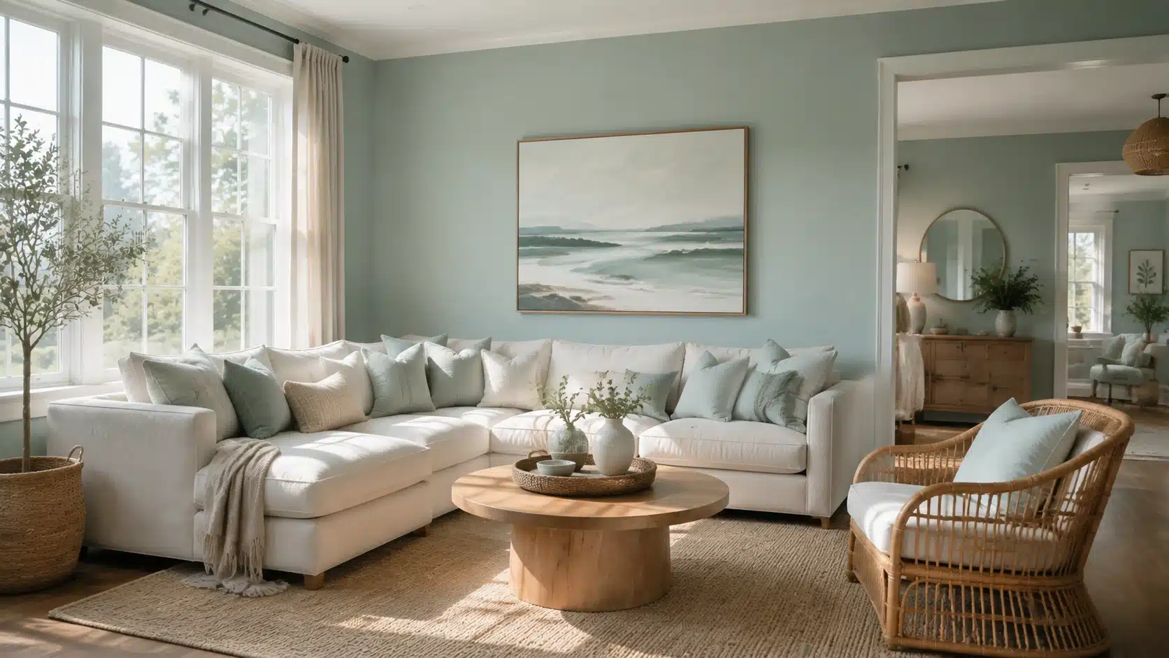 Benjamin Moore Beach Glass living room with soft blue-green walls, linen textures, rattan furniture, and warm wood accents.