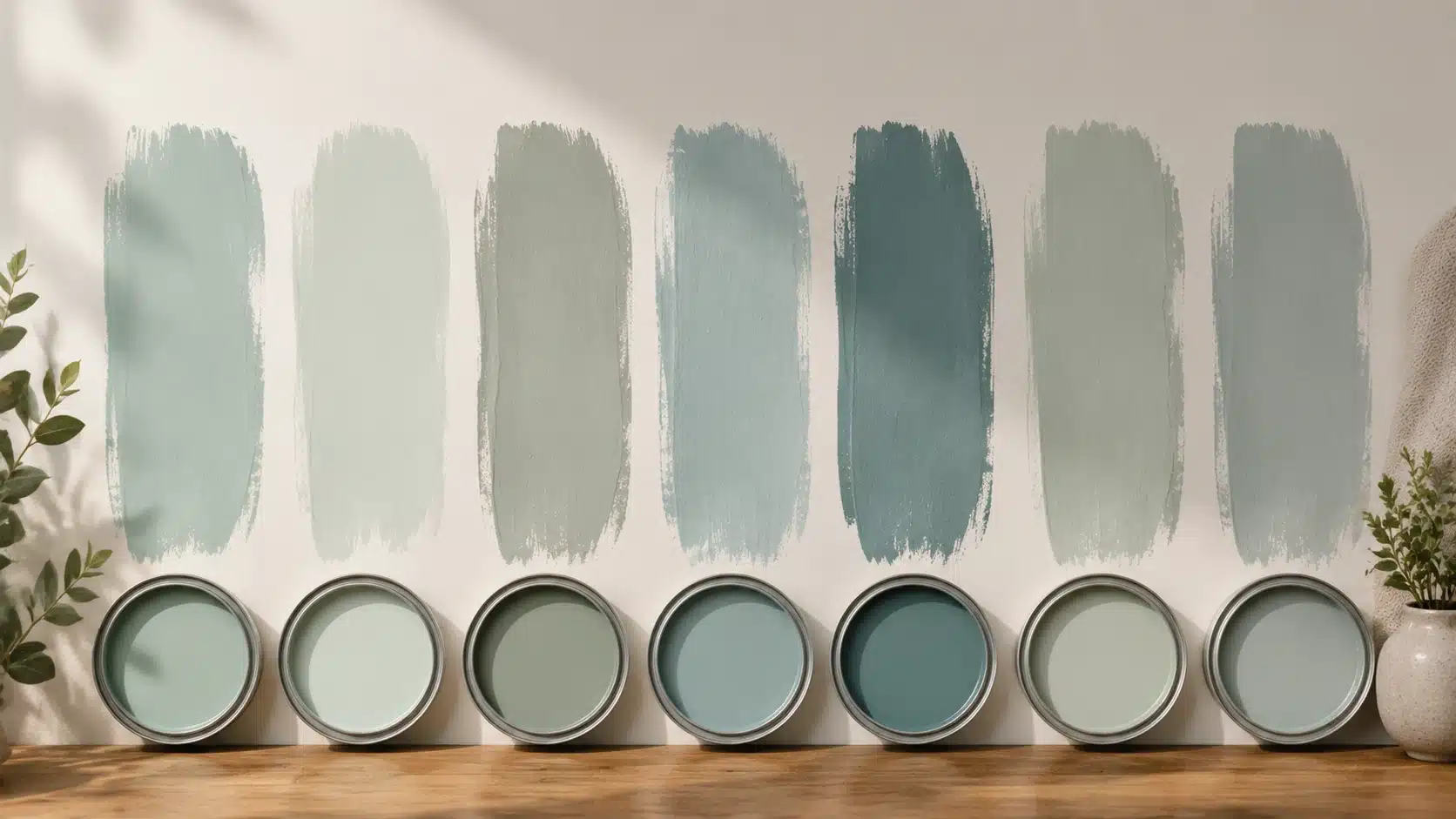 Benjamin Moore Beach Glass compared with similar blue-green paint colors through soft painted wall swatches and tones.