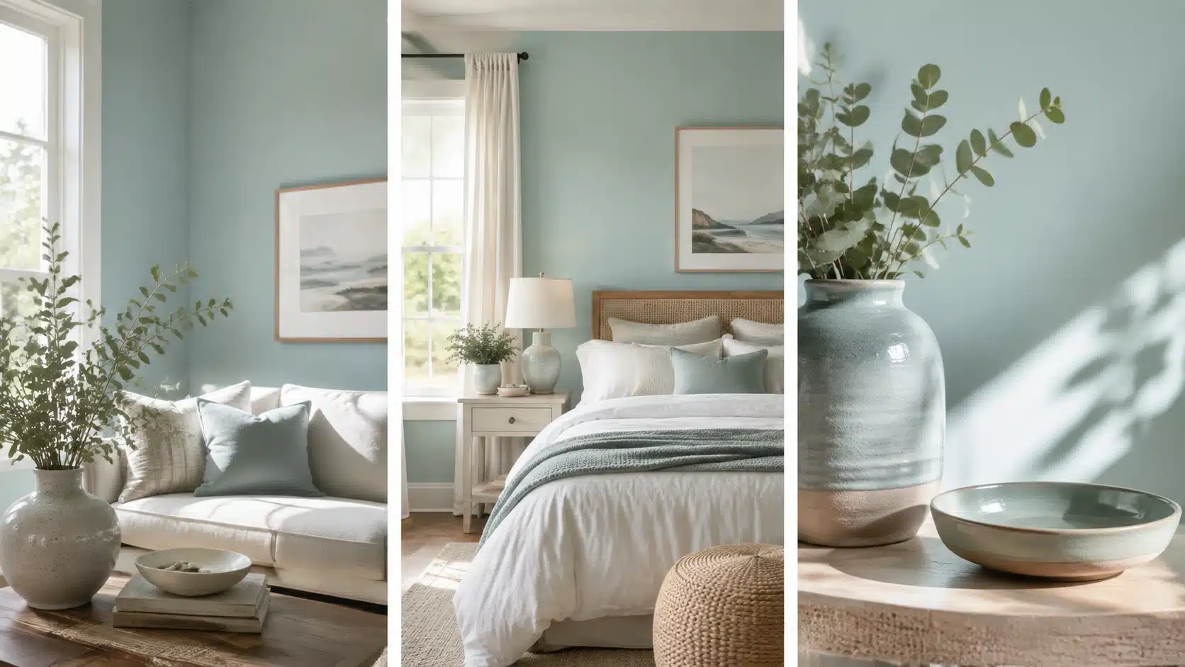 Benjamin Moore Beach Glass undertones shown through soft blue-green interiors with gray, blue, and green influences in natural light.