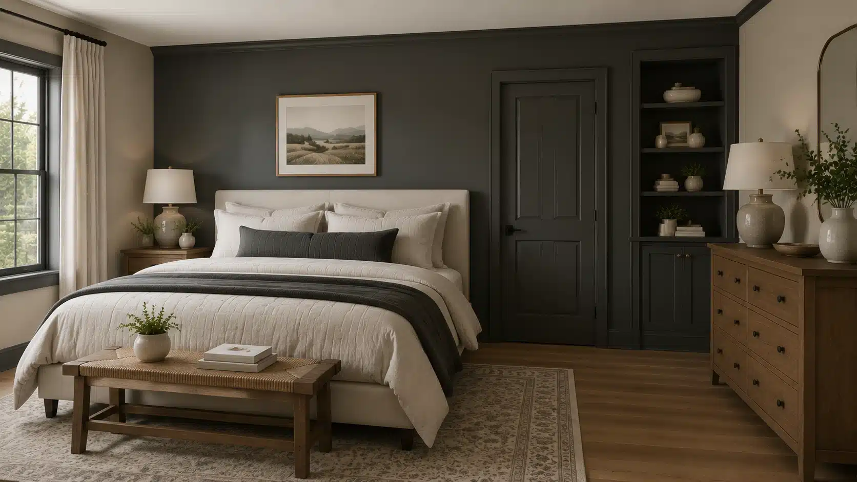 Modern bedroom with Benjamin Moore Edgecomb Gray walls, dark accents, wood furniture, and soft neutral decor.
