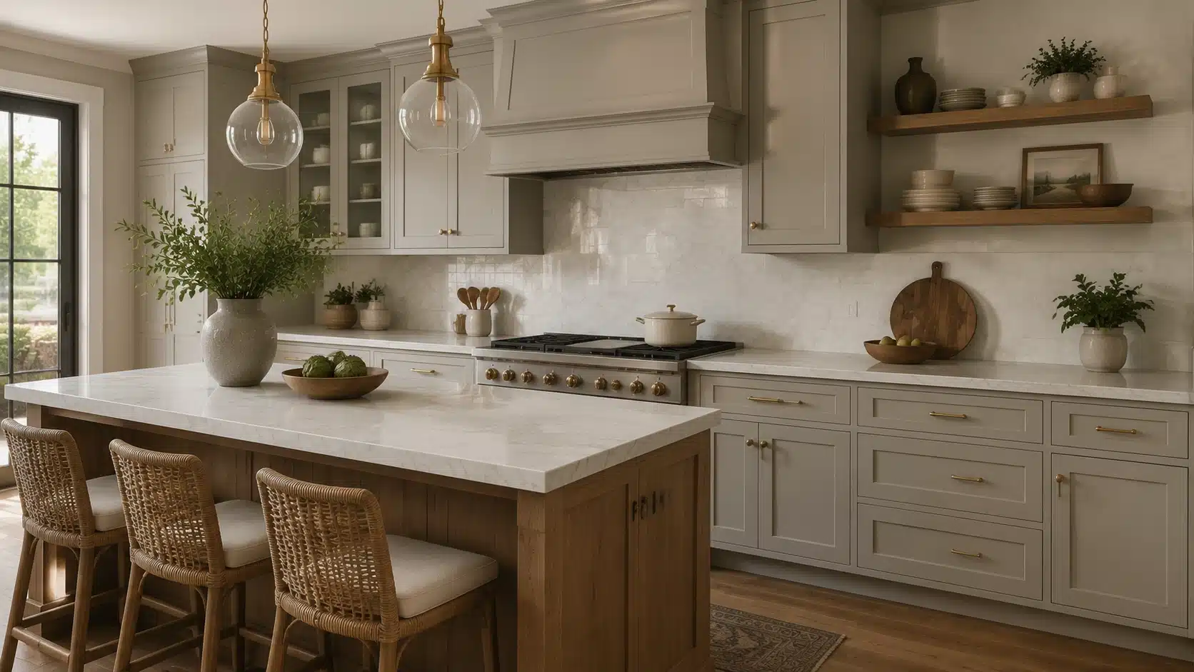 Benjamin Moore Edgecomb Gray kitchen cabinets with brass hardware, marble counters, wood accents, and open shelving.