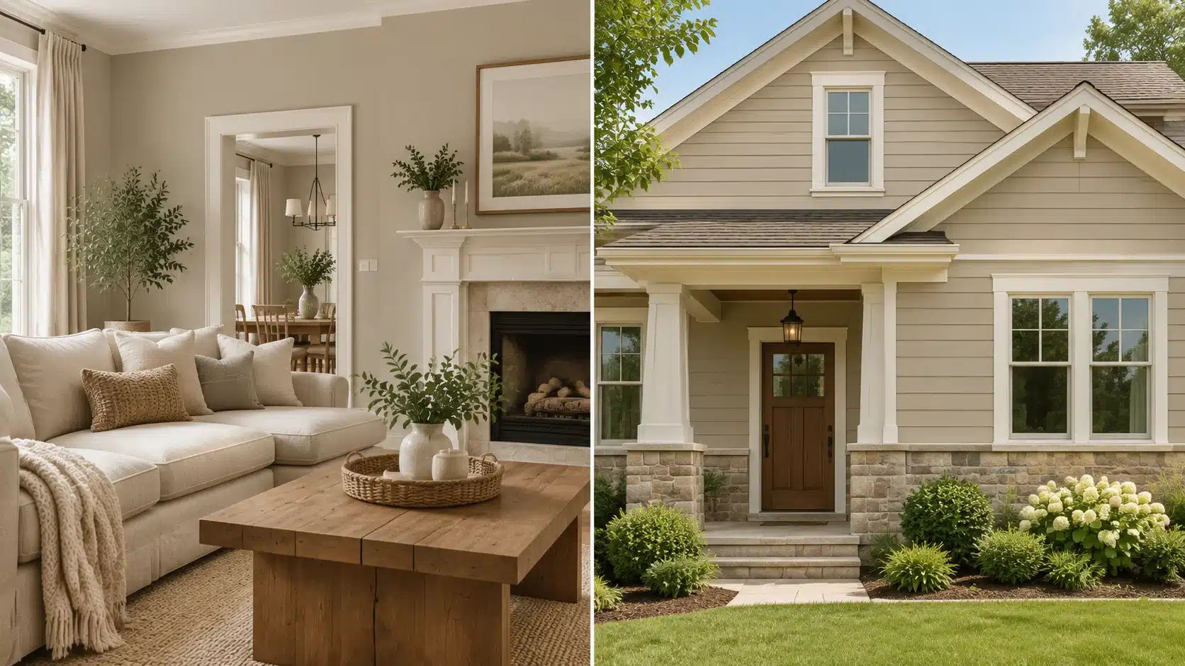 Benjamin Moore Edgecomb Gray exterior on a farmhouse-style home with stone accents, white trim, and landscaping.