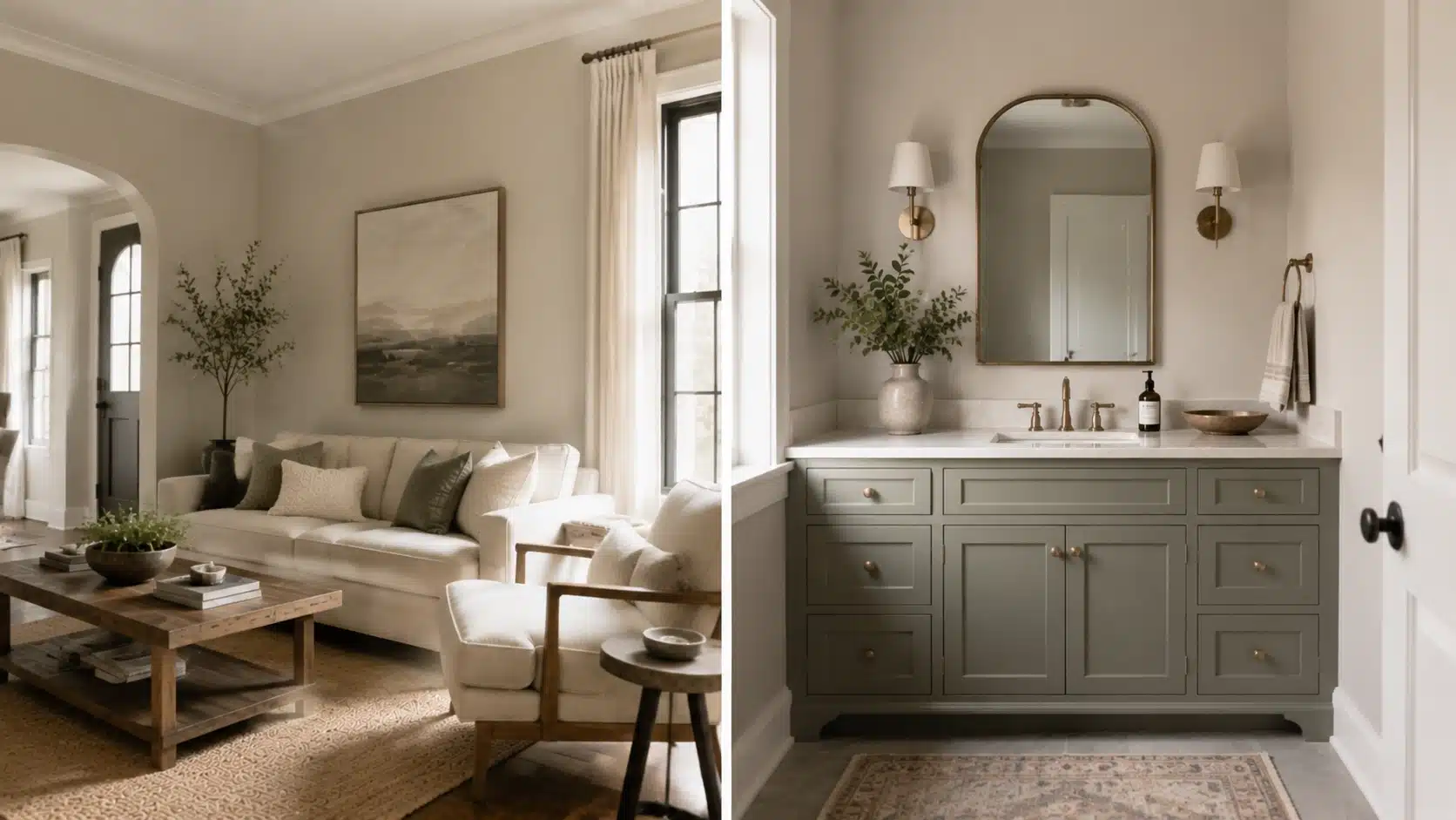 Benjamin Moore Edgecomb Gray undertones shown in a warm neutral living room and sage green bathroom setting.