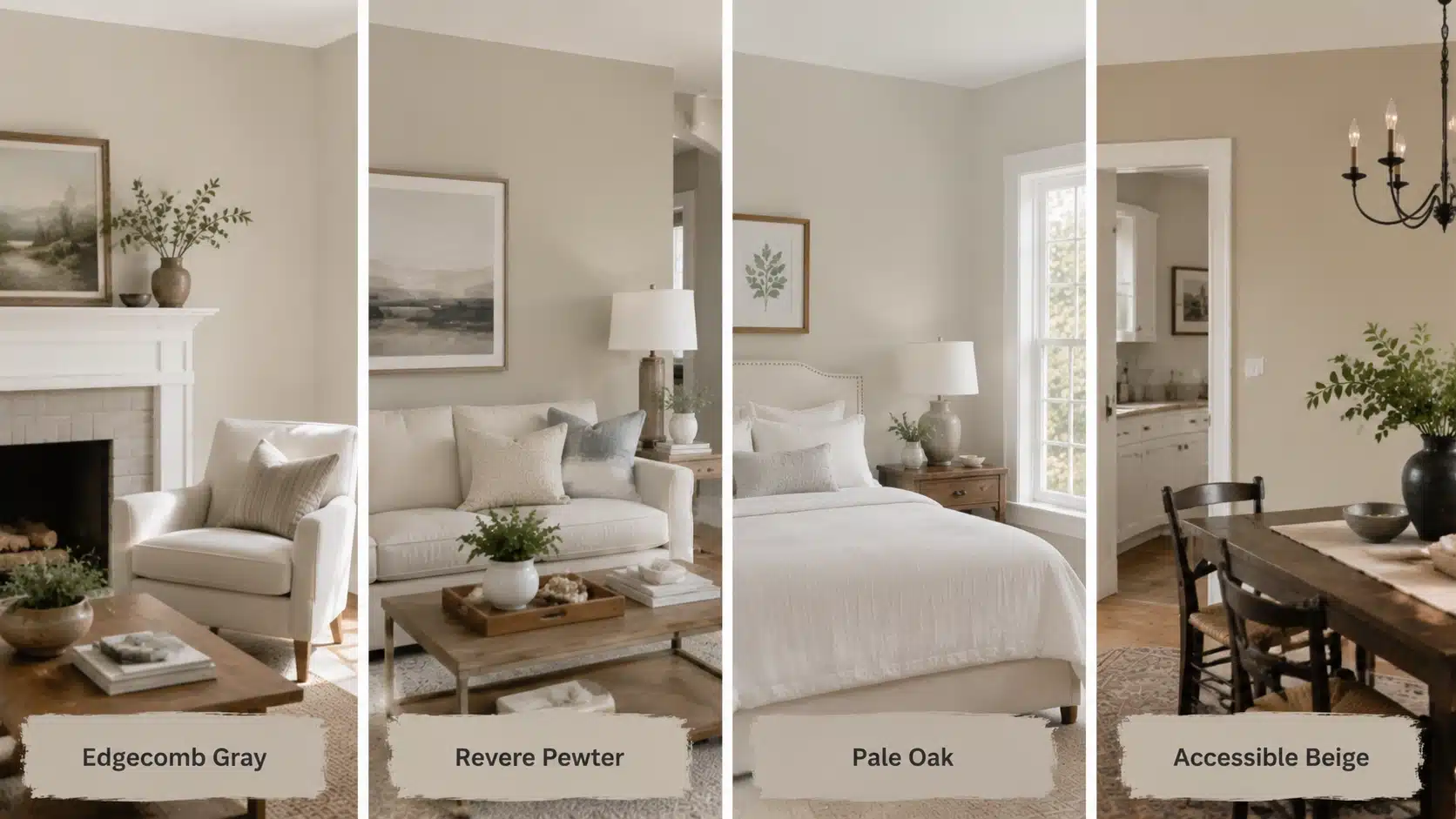Benjamin Moore Edgecomb Gray compared with Revere Pewter, Pale Oak, and Accessible Beige in different home interiors.