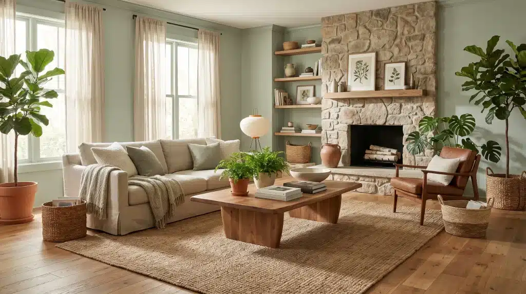 Benjamin Moore Saybrook Sage living room with muted green walls and natural textures.