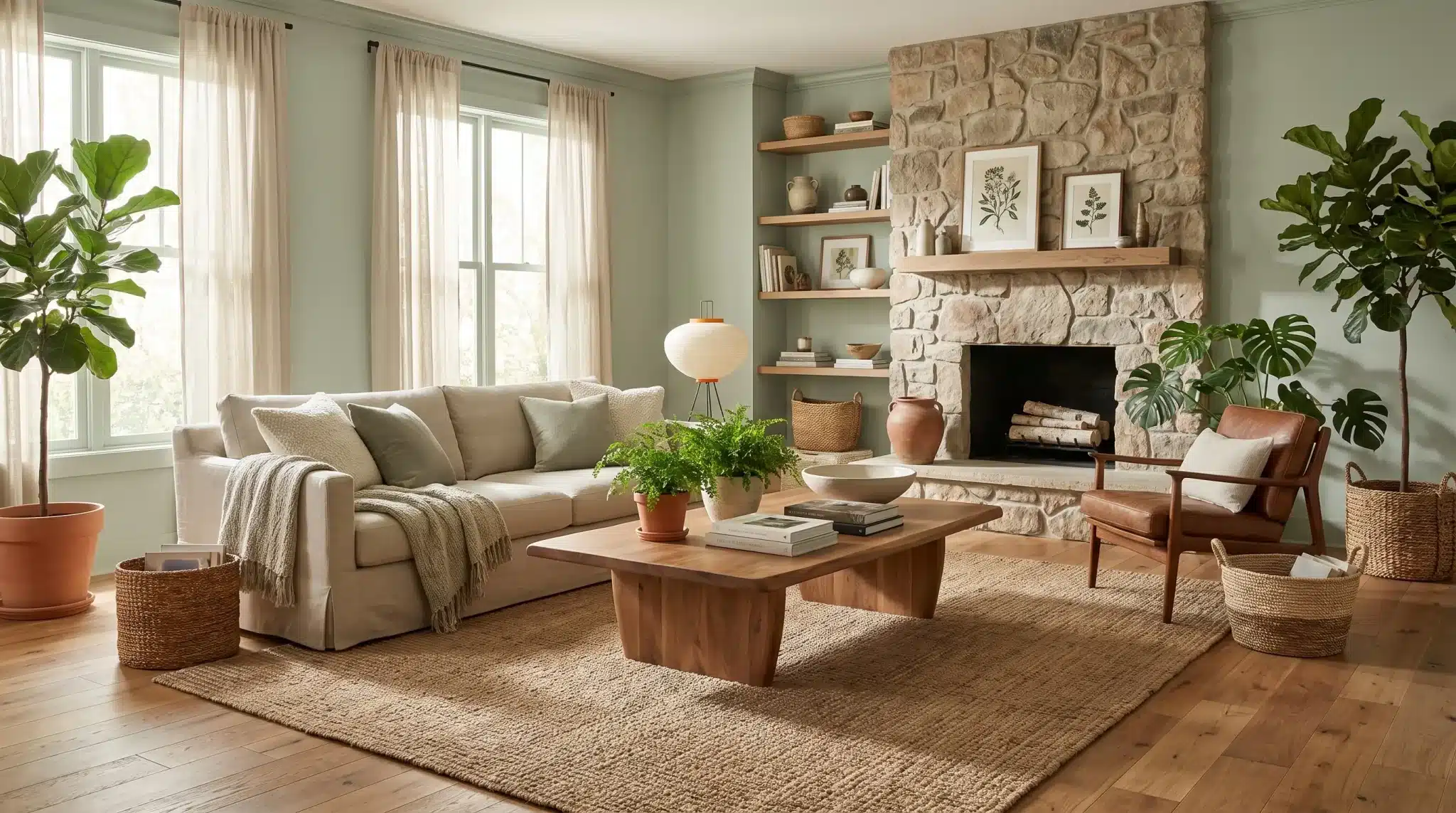 Benjamin Moore Saybrook Sage living room with muted green walls and natural textures.