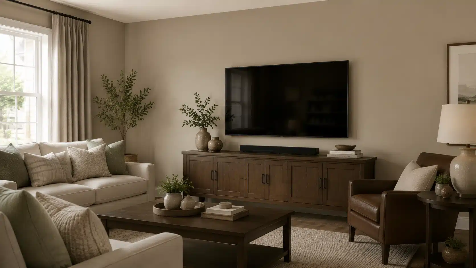 Benjamin Moore Vintage Vogue TV room with a cozy sofa, media console, warm wood accents, and neutral decor.
