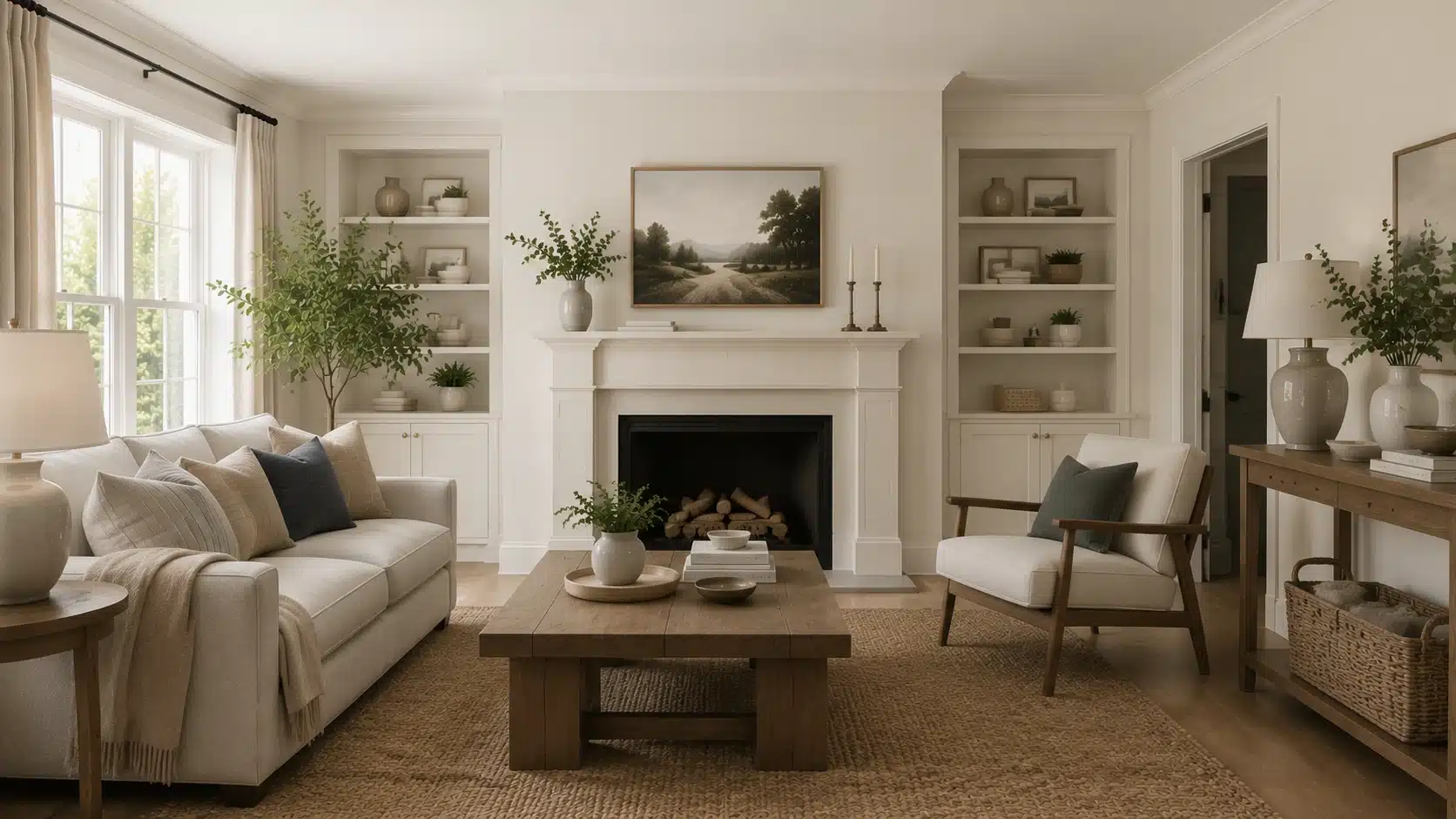 Benjamin Moore White Dove living room with soft white walls, built-in shelves, fireplace, neutral furniture, and warm wood accents.