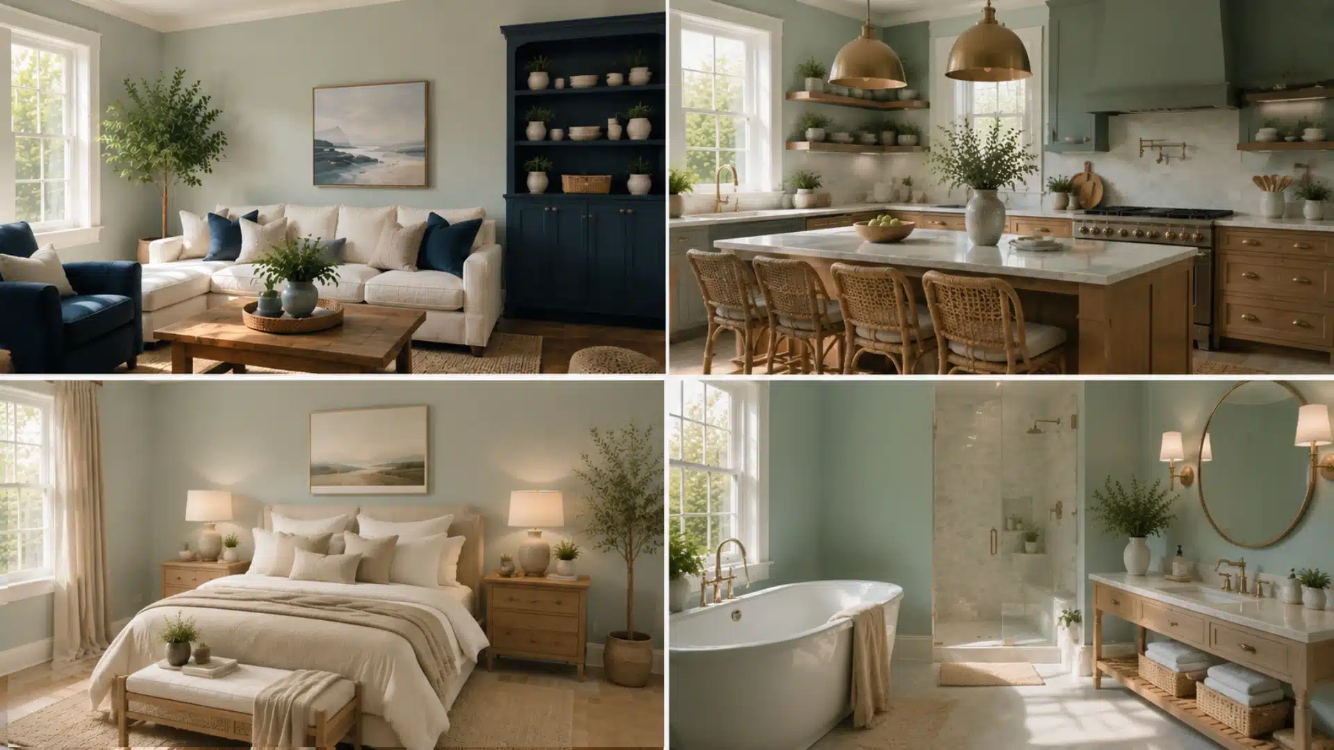 Benjamin Moore Beach Glass interiors styled with navy blue, warm wood, soft beige, greige, and natural green accent colors.