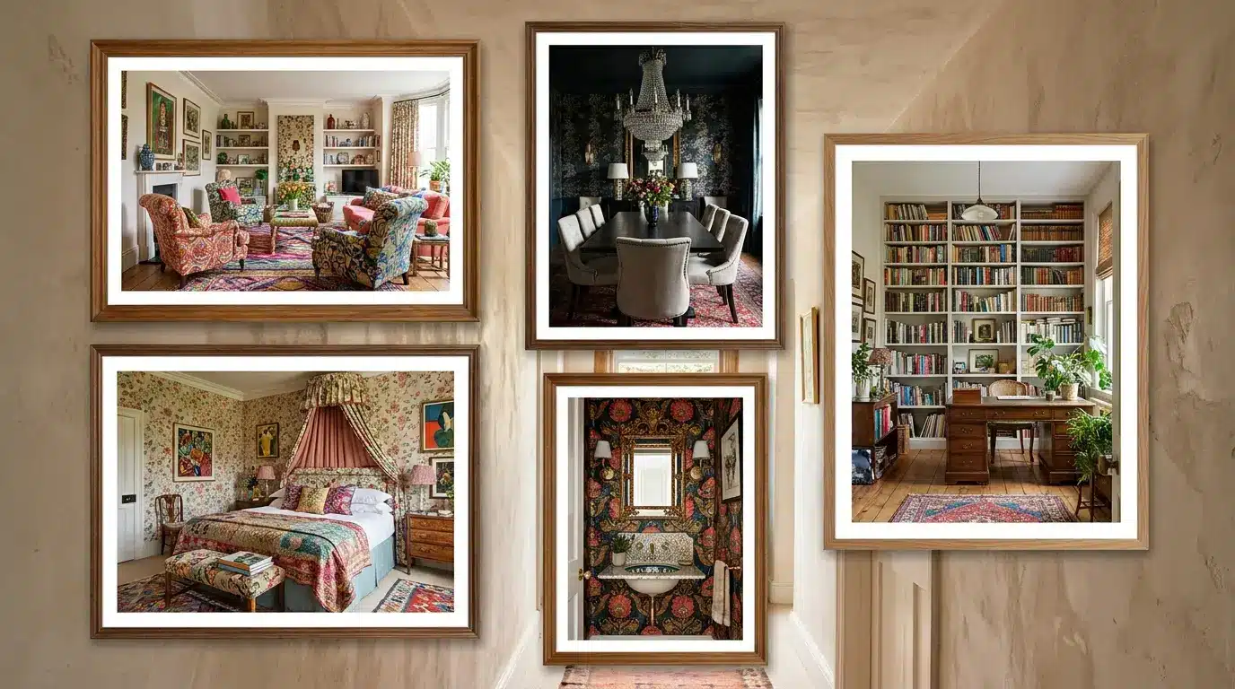 framed collage showing maximalist living room dining room bedroom bathroom and home office designs