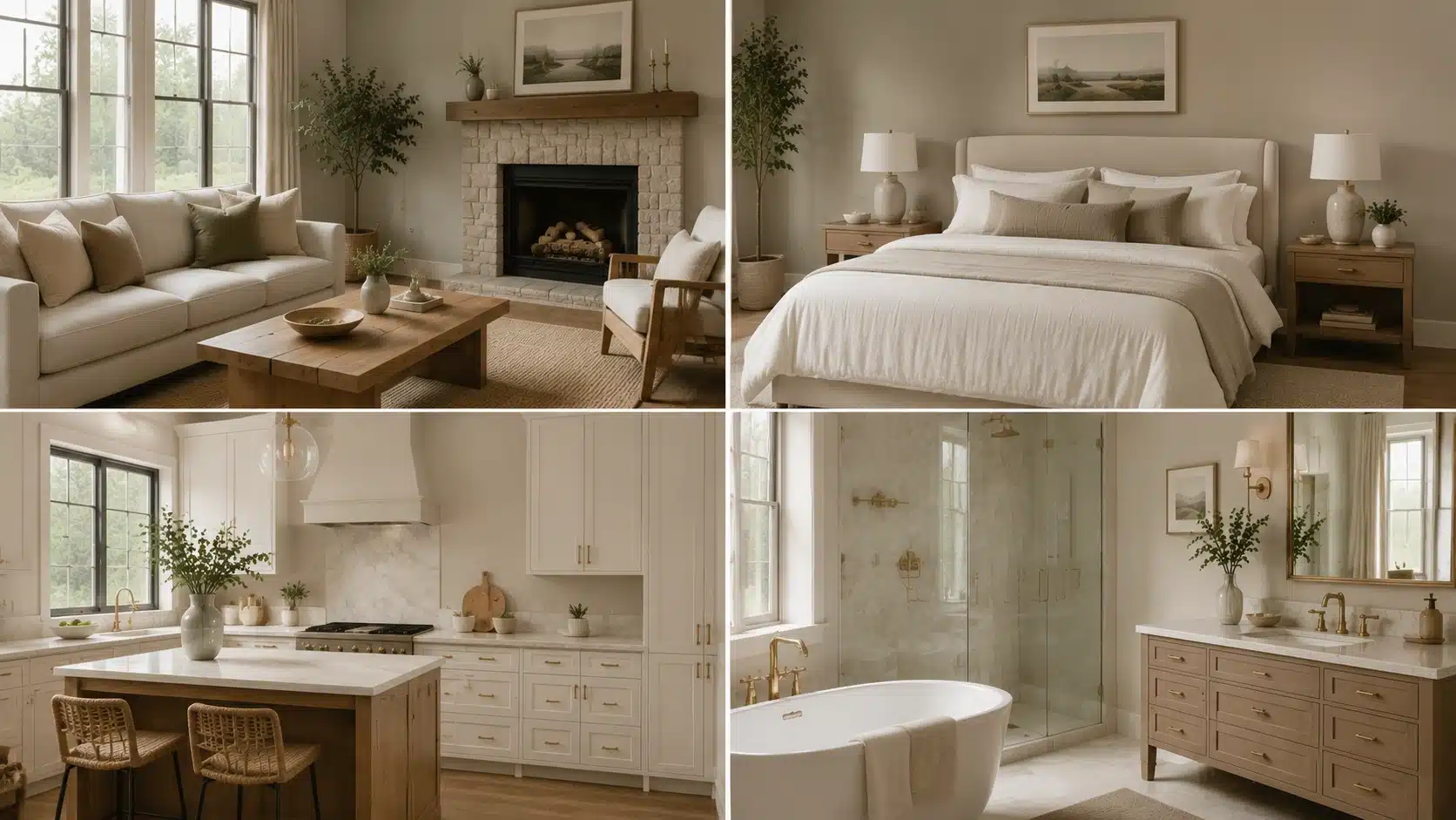 Four rooms featuring Benjamin Moore Edgecomb Gray with a warm living room, bedroom, kitchen, and bathroom design.