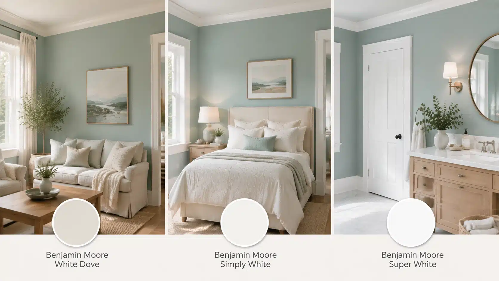 Benjamin Moore Beach Glass paired with White Dove, Simply White, and Super White trim colors in different interior settings.