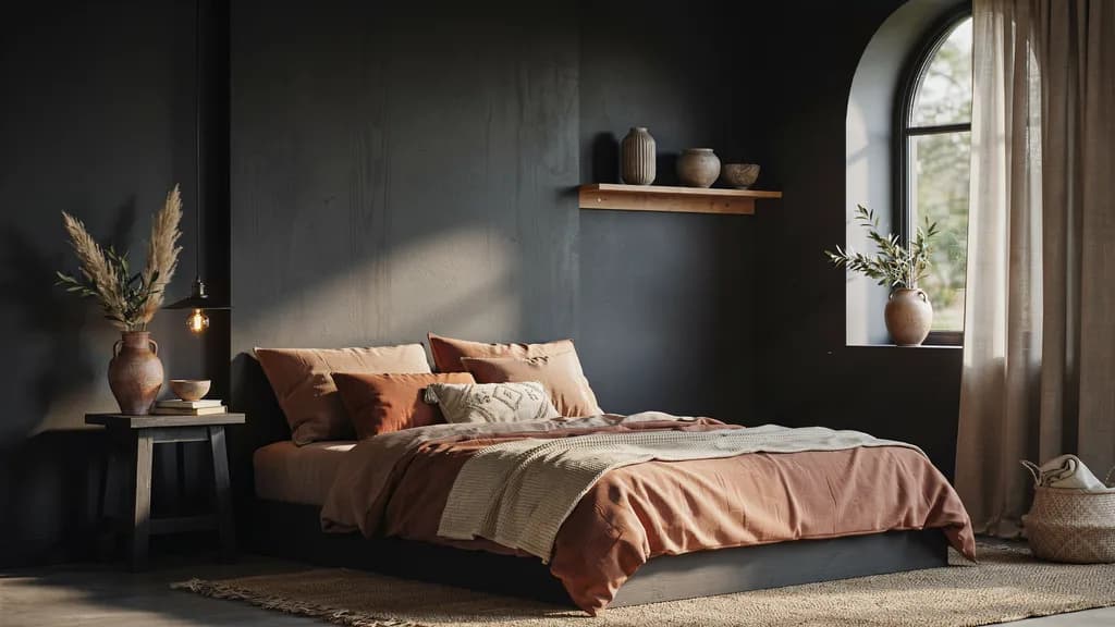 Black and terracotta bedroom with warm earthy textures and decor