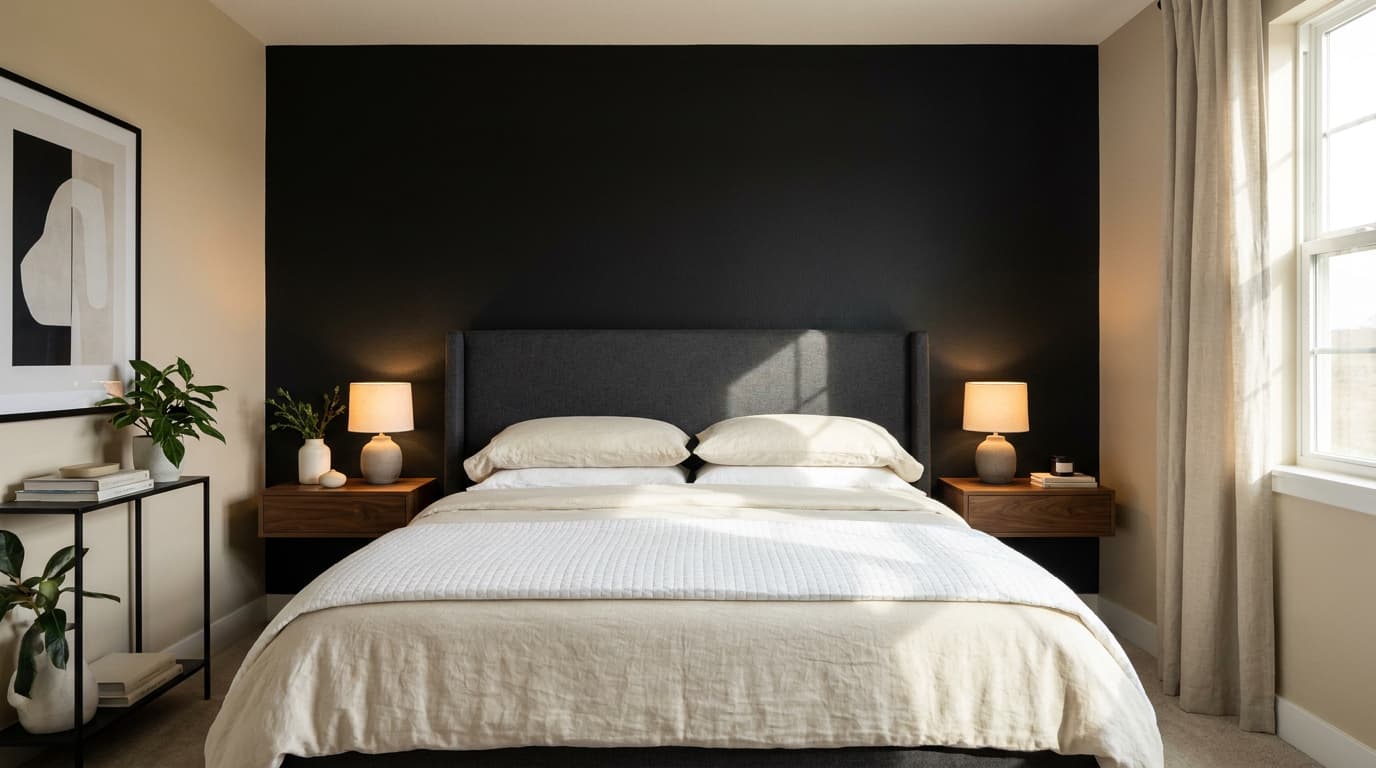 Bedroom with black accent wall behind bed and light neutral decor