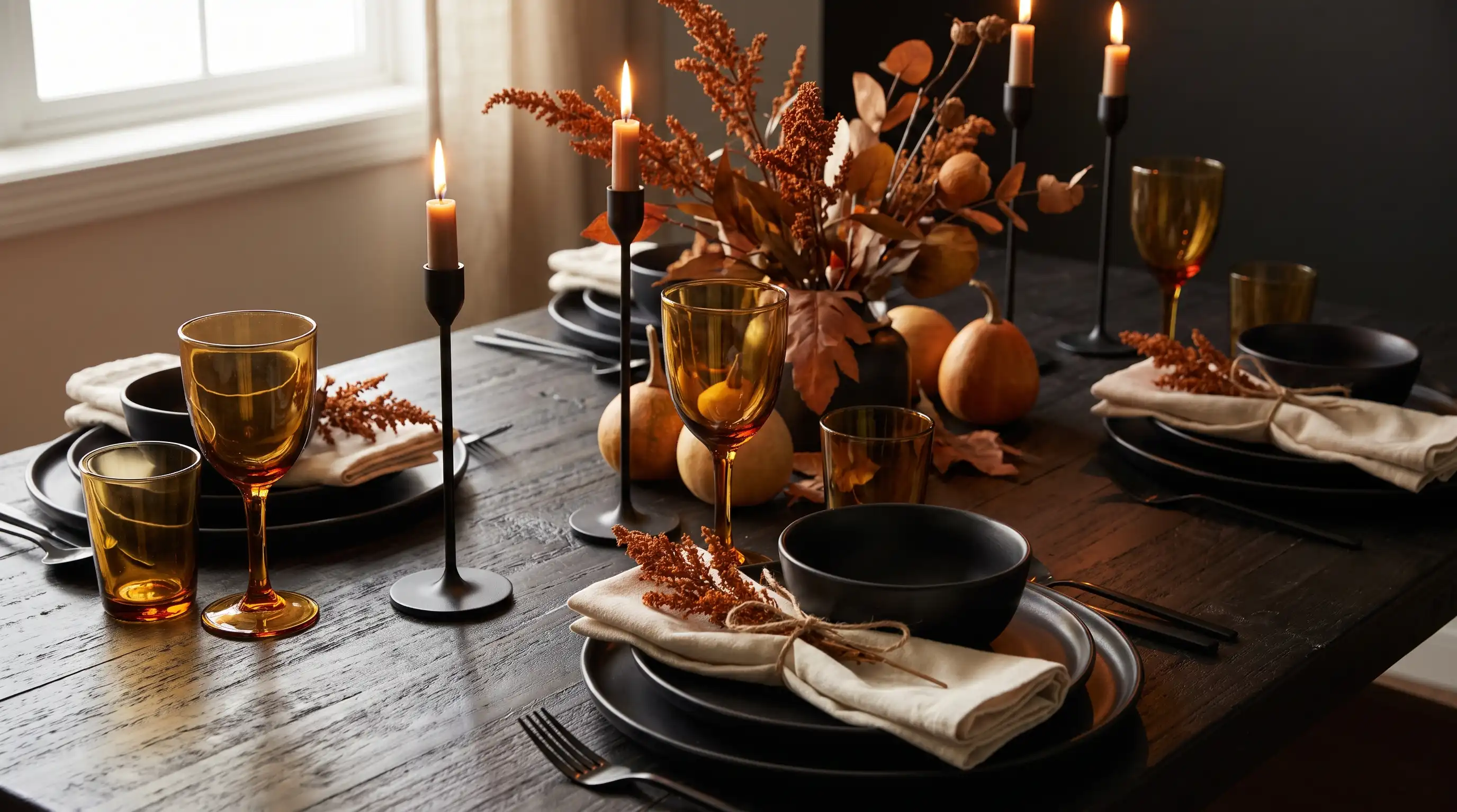 Dramatic fall table with matte black dinnerware, amber glassware, cream linens, rust foliage, and candles