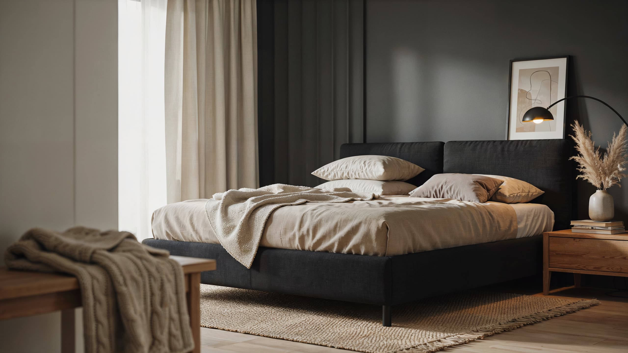 Black and beige bedroom with warm textures and cozy neutral decor